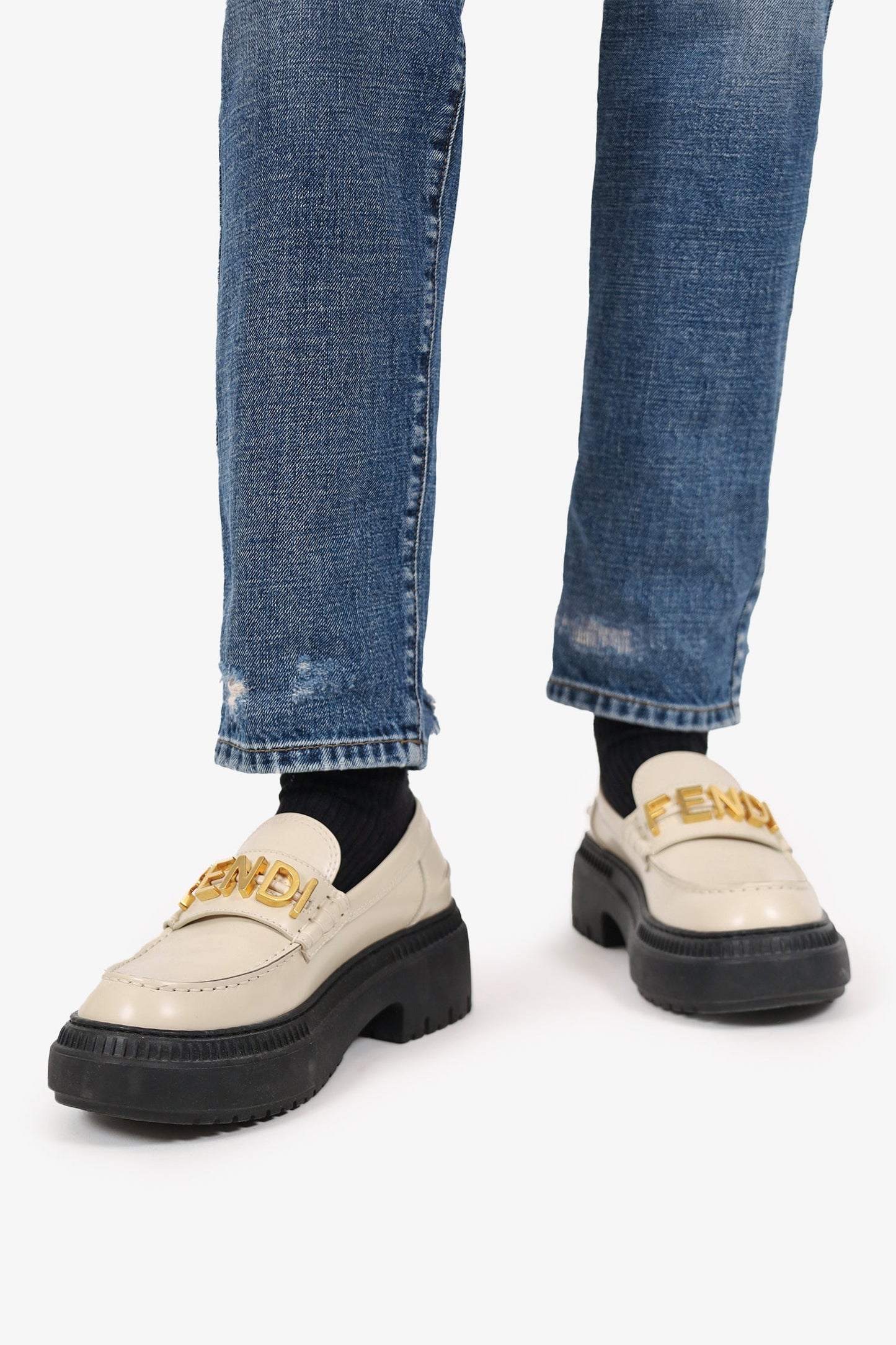 Fendi White Leather Fendigraphy Lug Sole Loafers Size 39