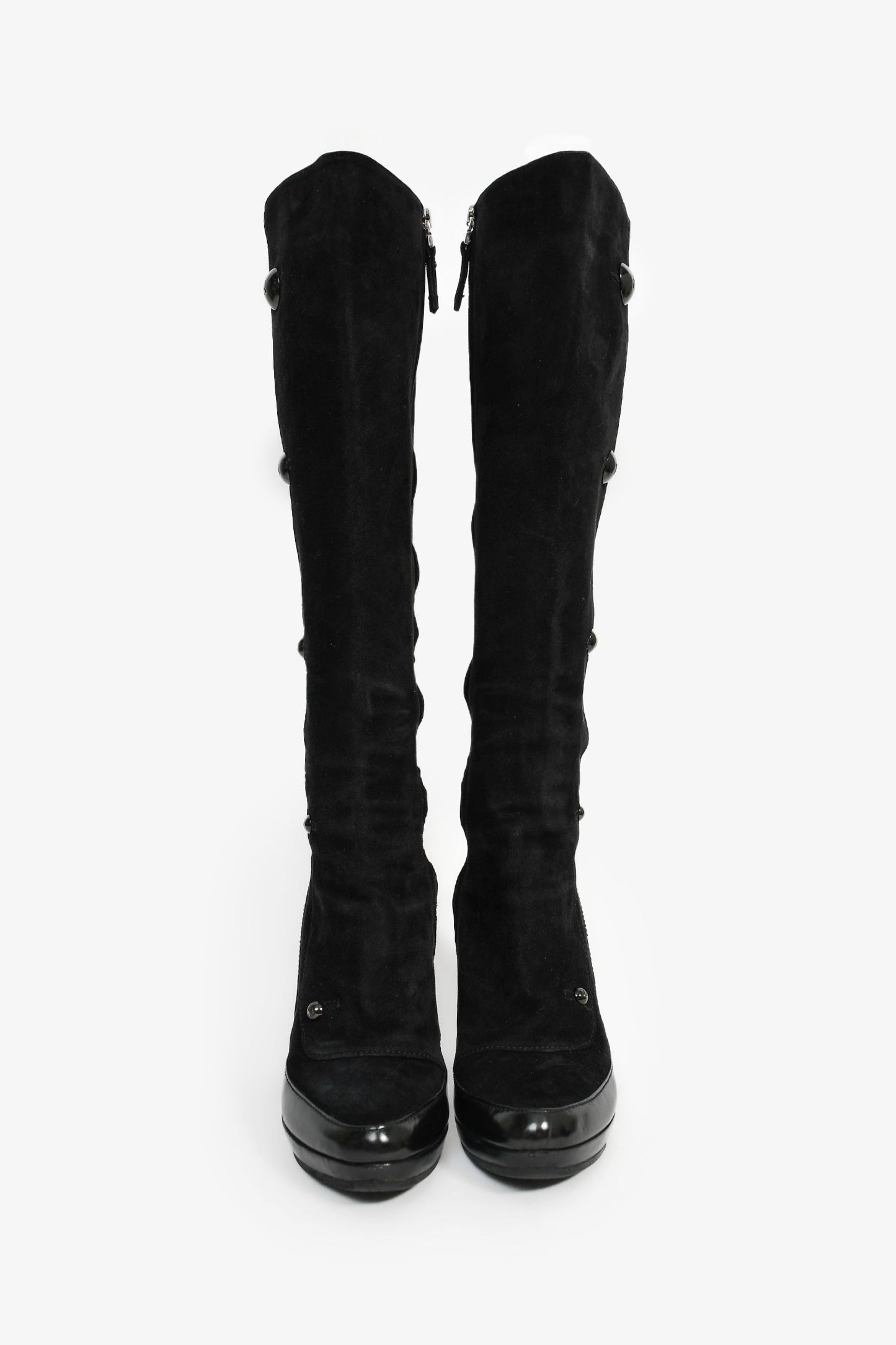 Fendi Black Suede/Patent Leather FF Knee High Heel Boots Size 38