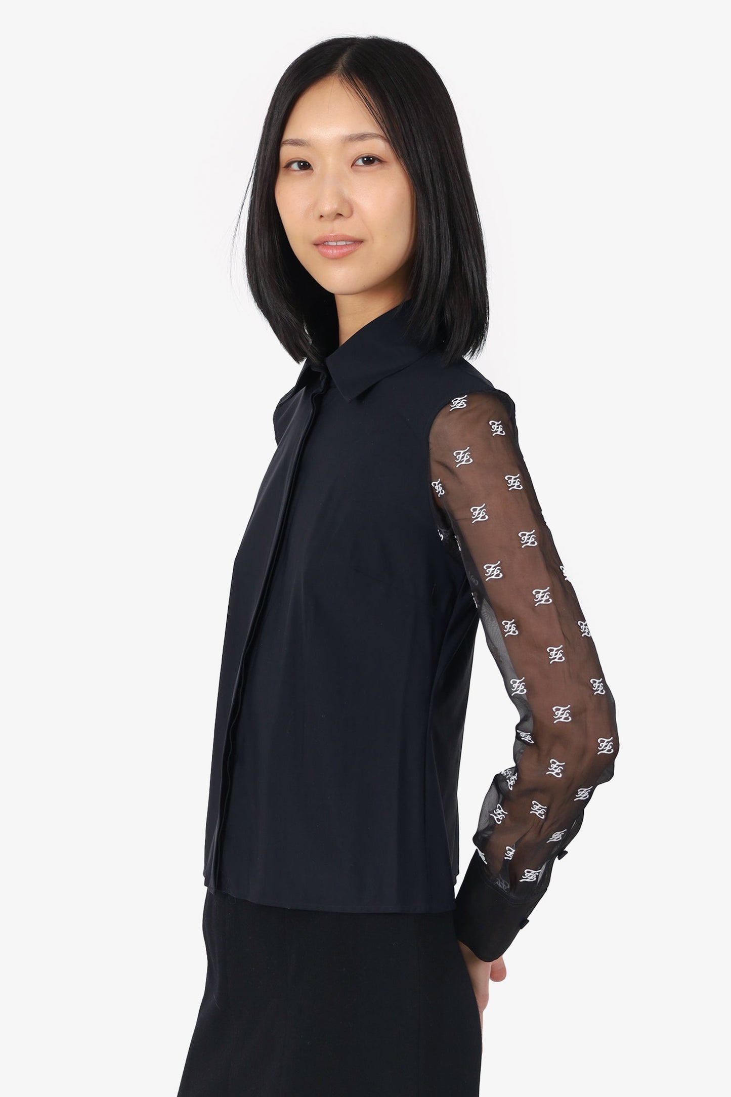 Fendi Black Sheer Sleeve Embroidered 'FF' Button Down Blo Size 38
