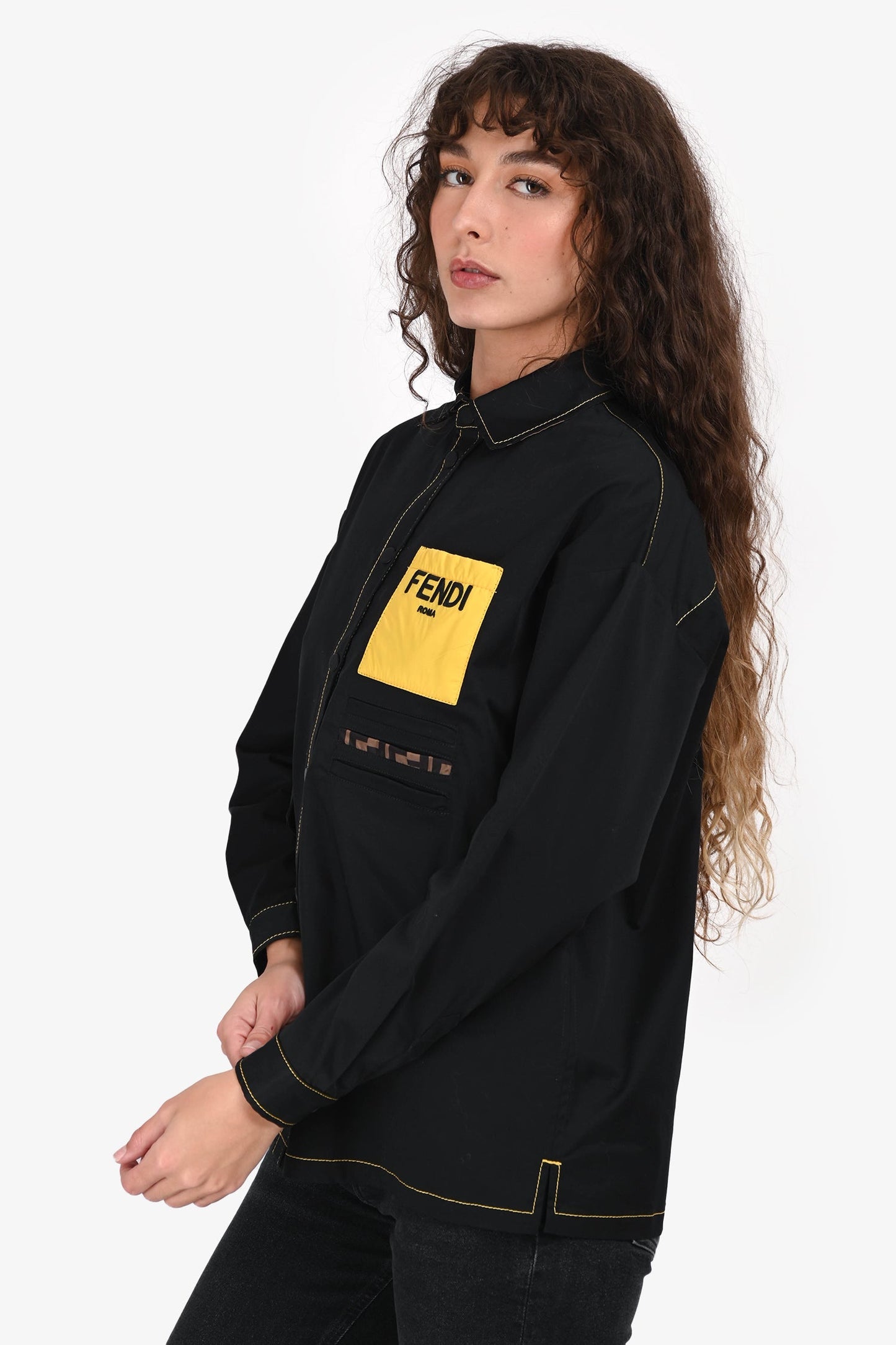Fendi Black/Yellow Pocket Stitch Detail Button-Up Shirt Est. Size S