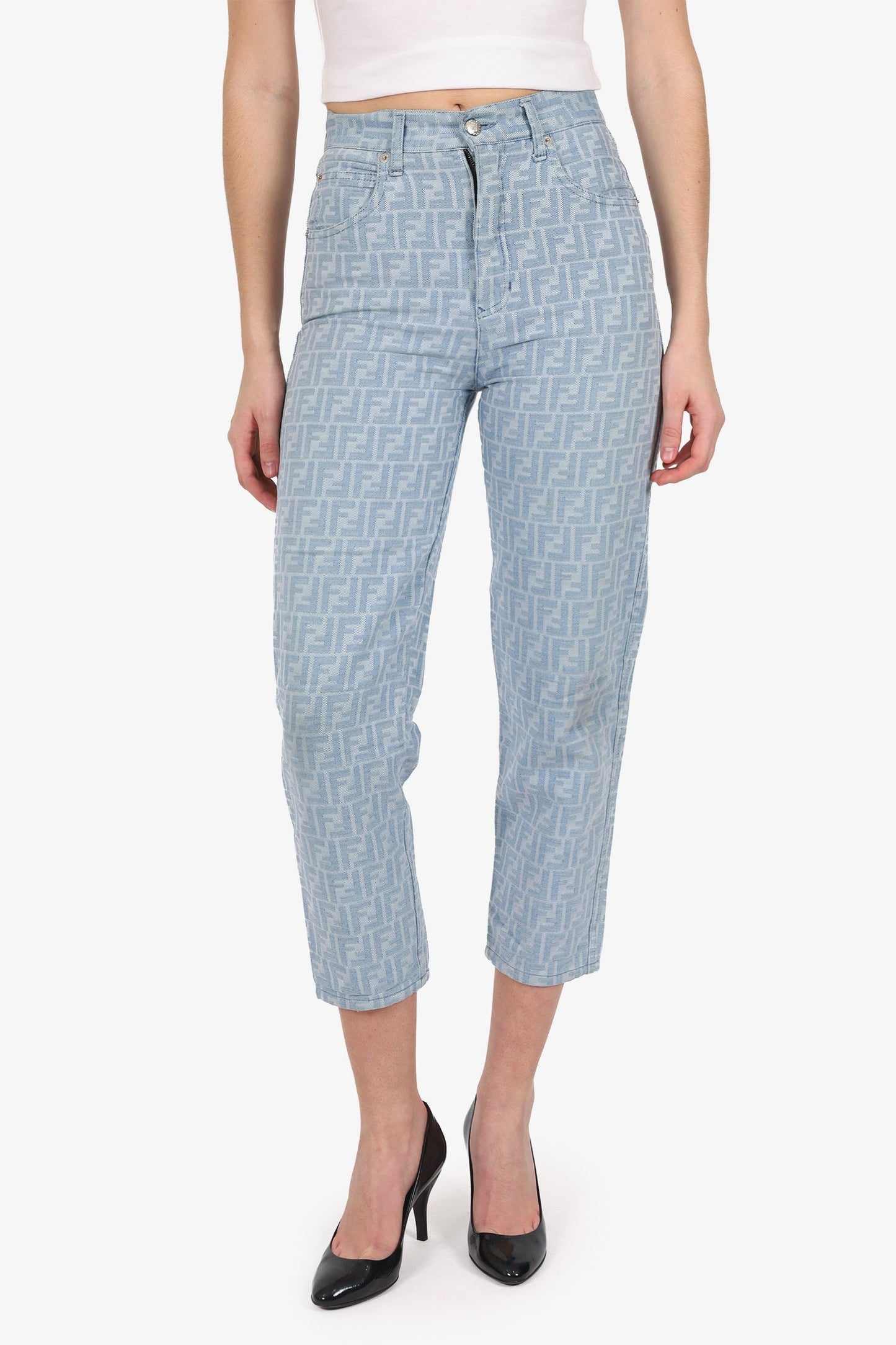 Fendi Blue Denim Zucca Print High Waisted Jeans Size 28