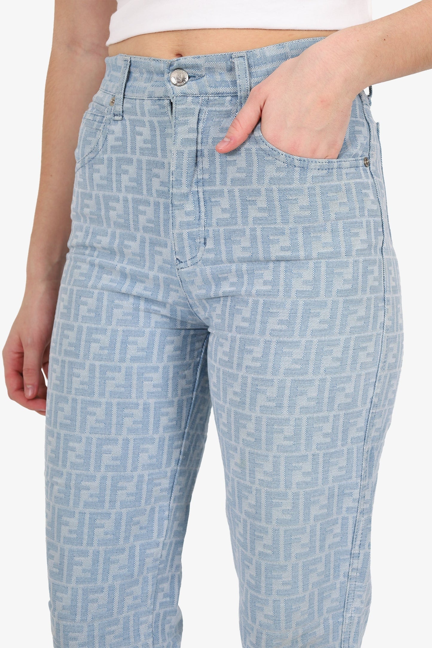 Fendi Blue Denim Zucca Print High Waisted Jeans Size 28