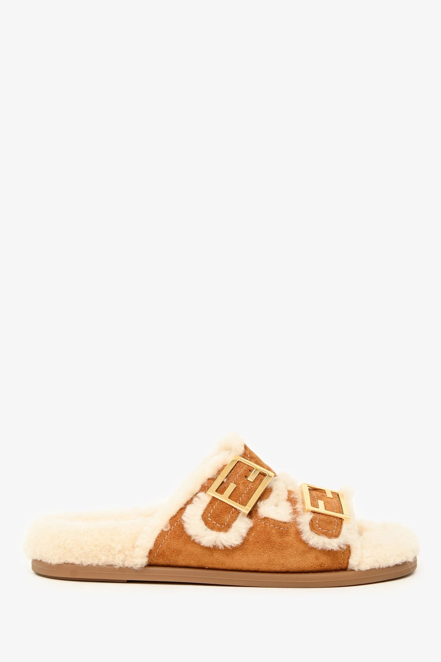 Fendi Brown Suede Shearling Buckle Slides Size 37