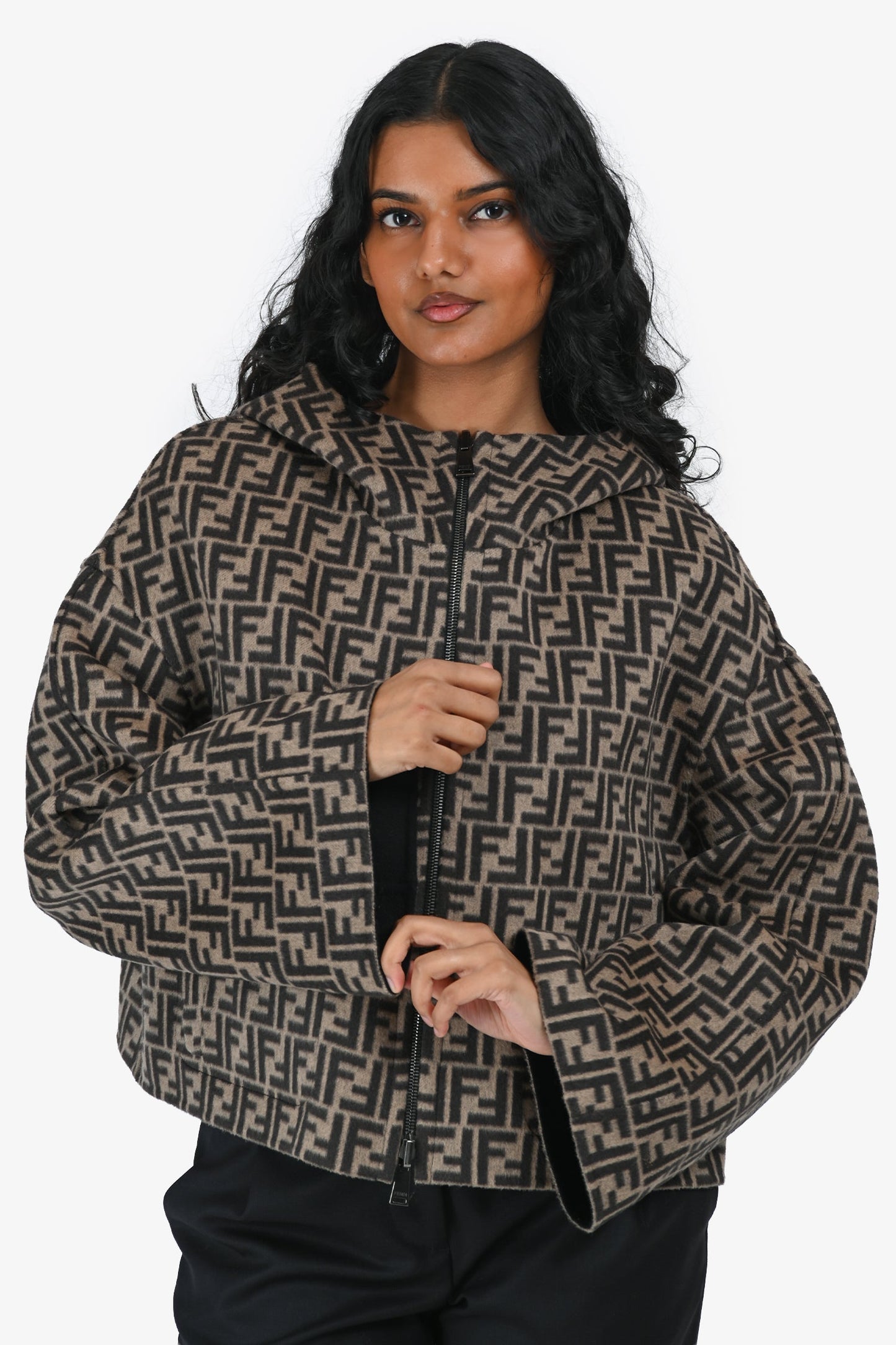 Fendi 2025 Brown Zucca/Black Wool Reversible Hooded Jacket with Leather Pockets Size 44 IT