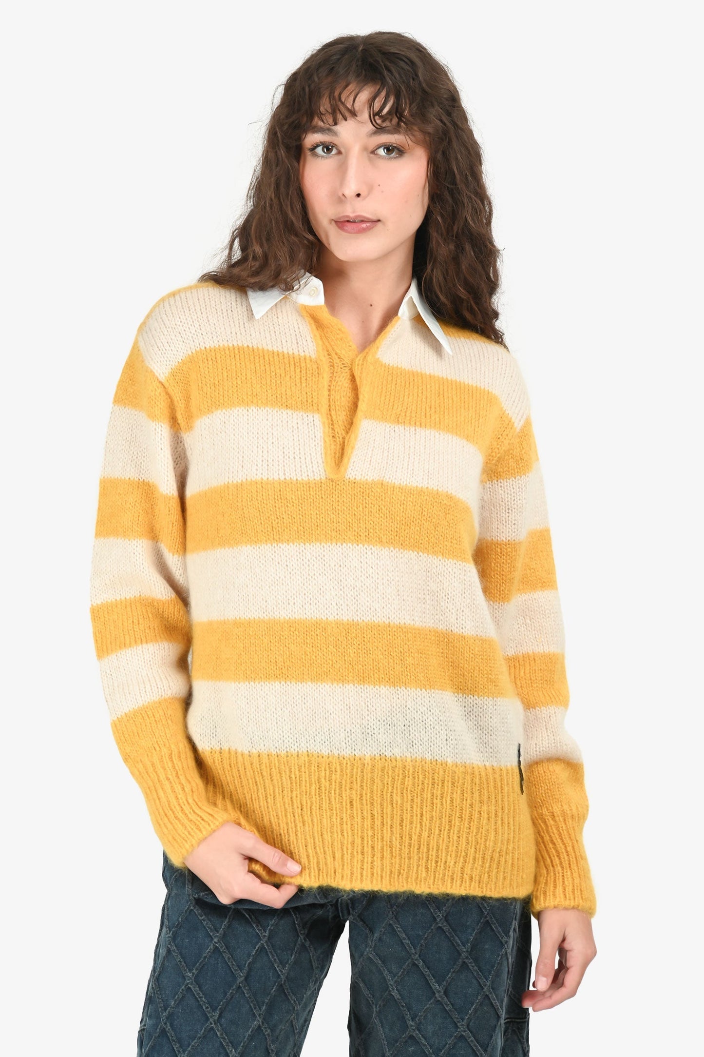 Fendi Yellow/White Stripe Mohair Polo Shirt Size 46