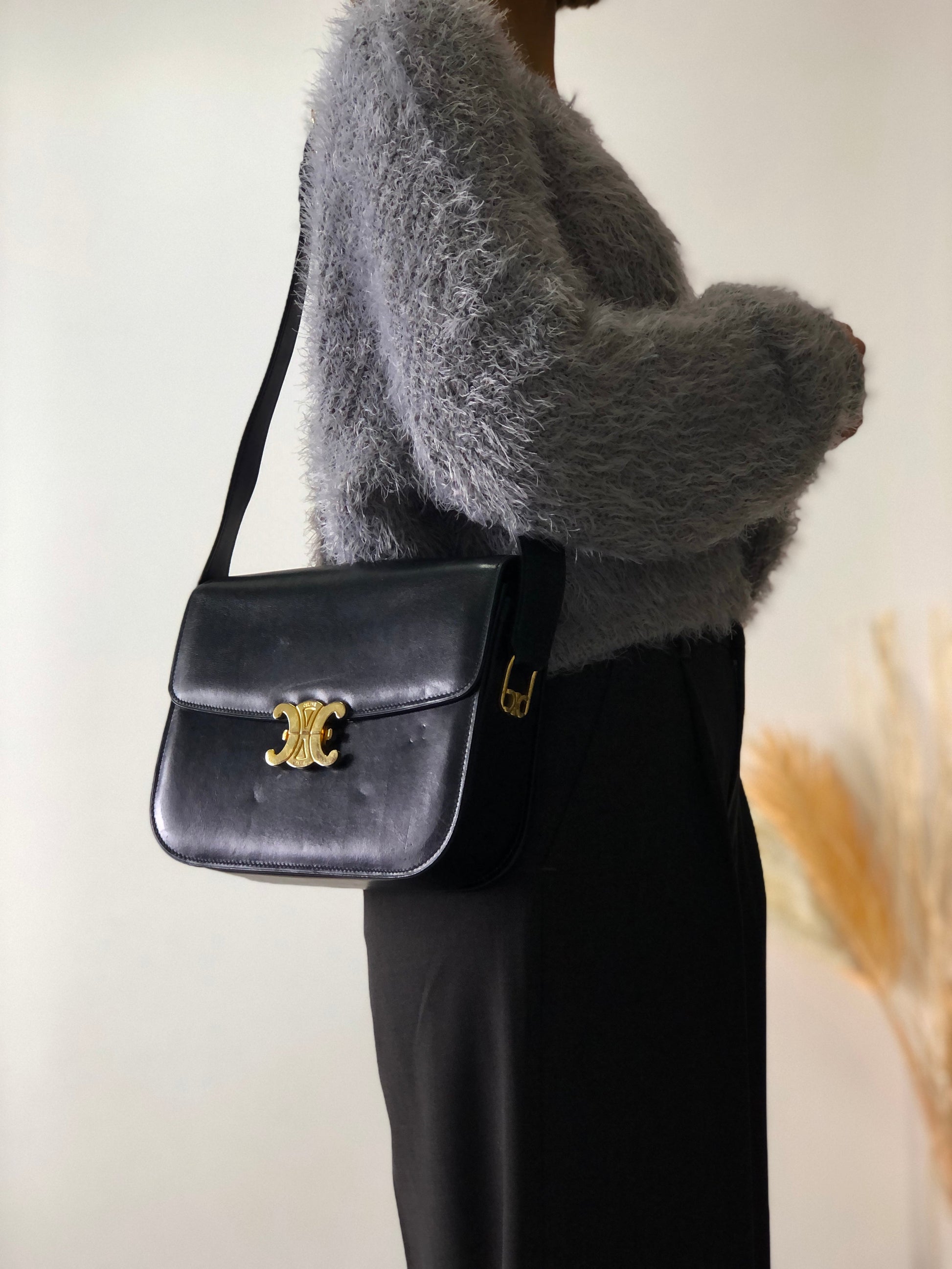 CELINE Triomphe Leather Crossbody Shoulder bag Black iv4xyc
