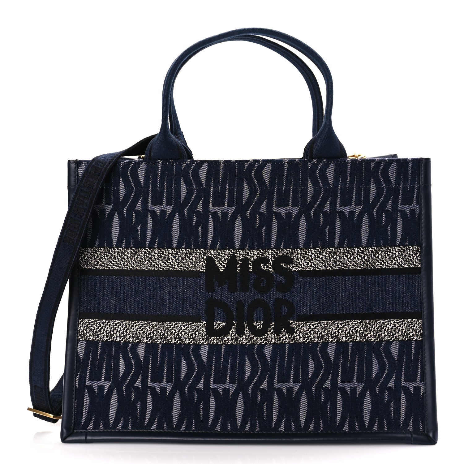 Christian Dior Canvas Calfskin Embroided Medium Miss Dior All Over Book Tote Denim Multicolor