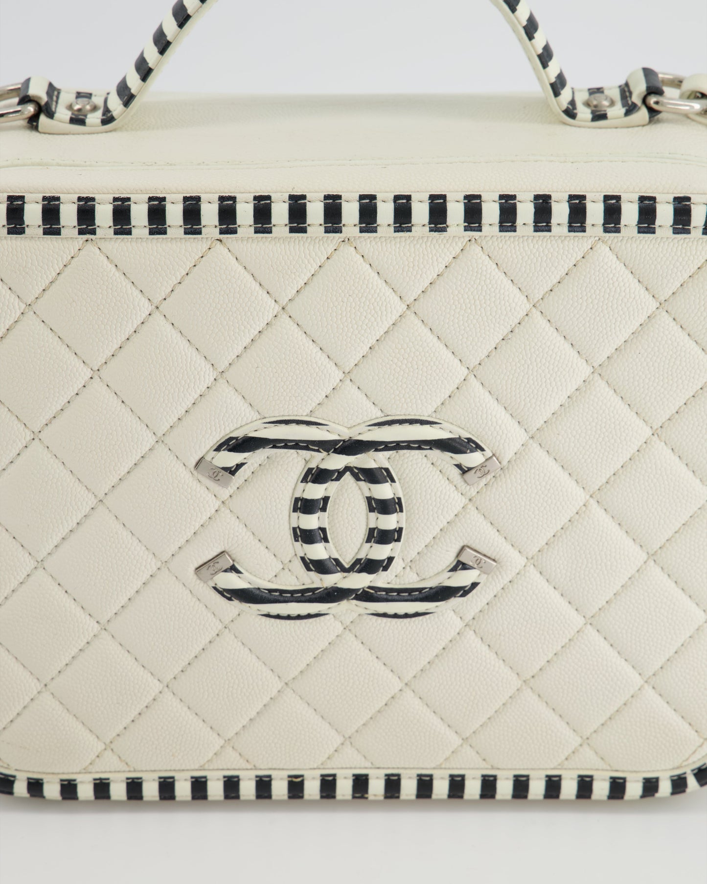 Chanel White Caviar Vanity Case with Zebra Motif CC Logo and Silver Hardware
