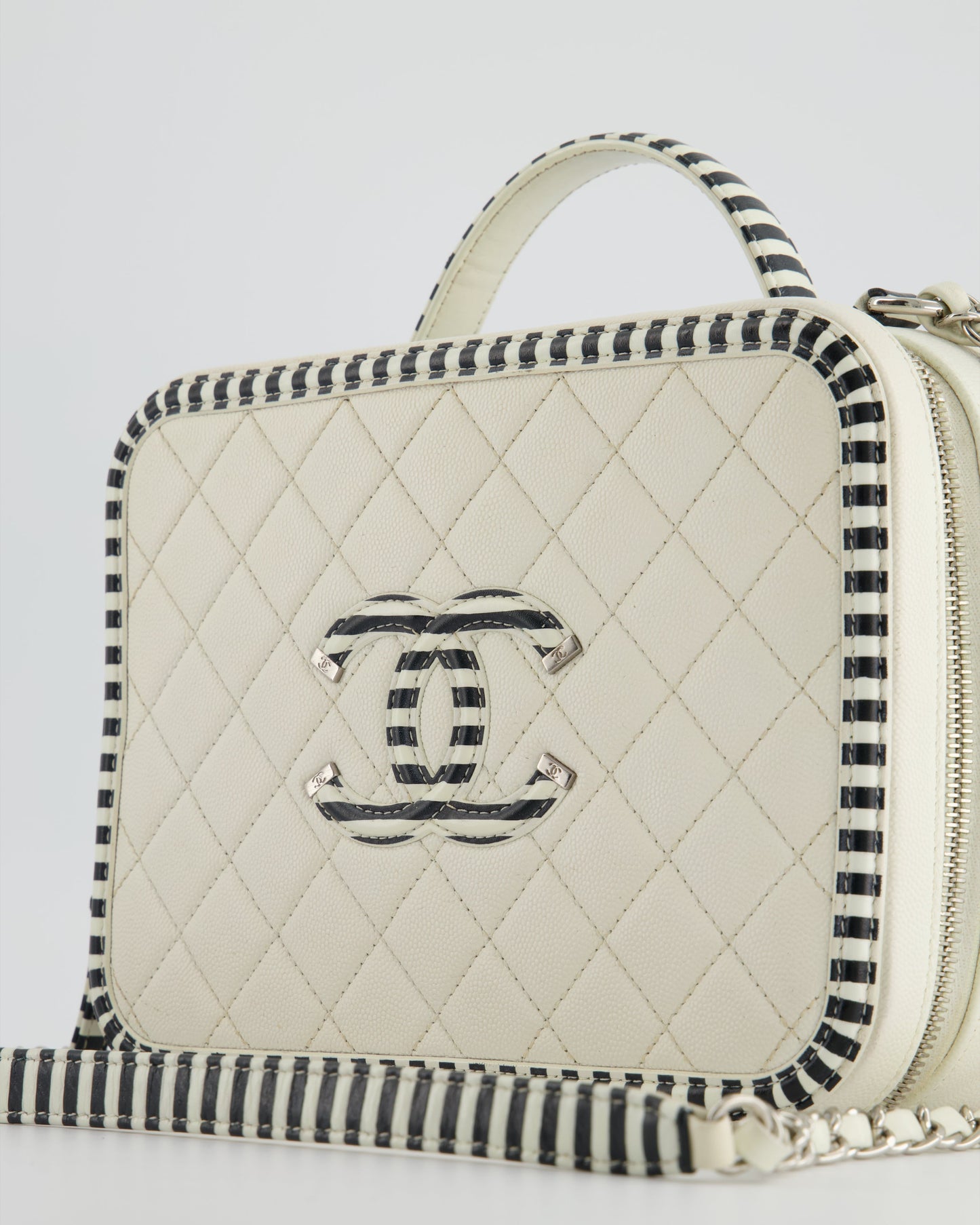 Chanel White Caviar Vanity Case with Zebra Motif CC Logo and Silver Hardware
