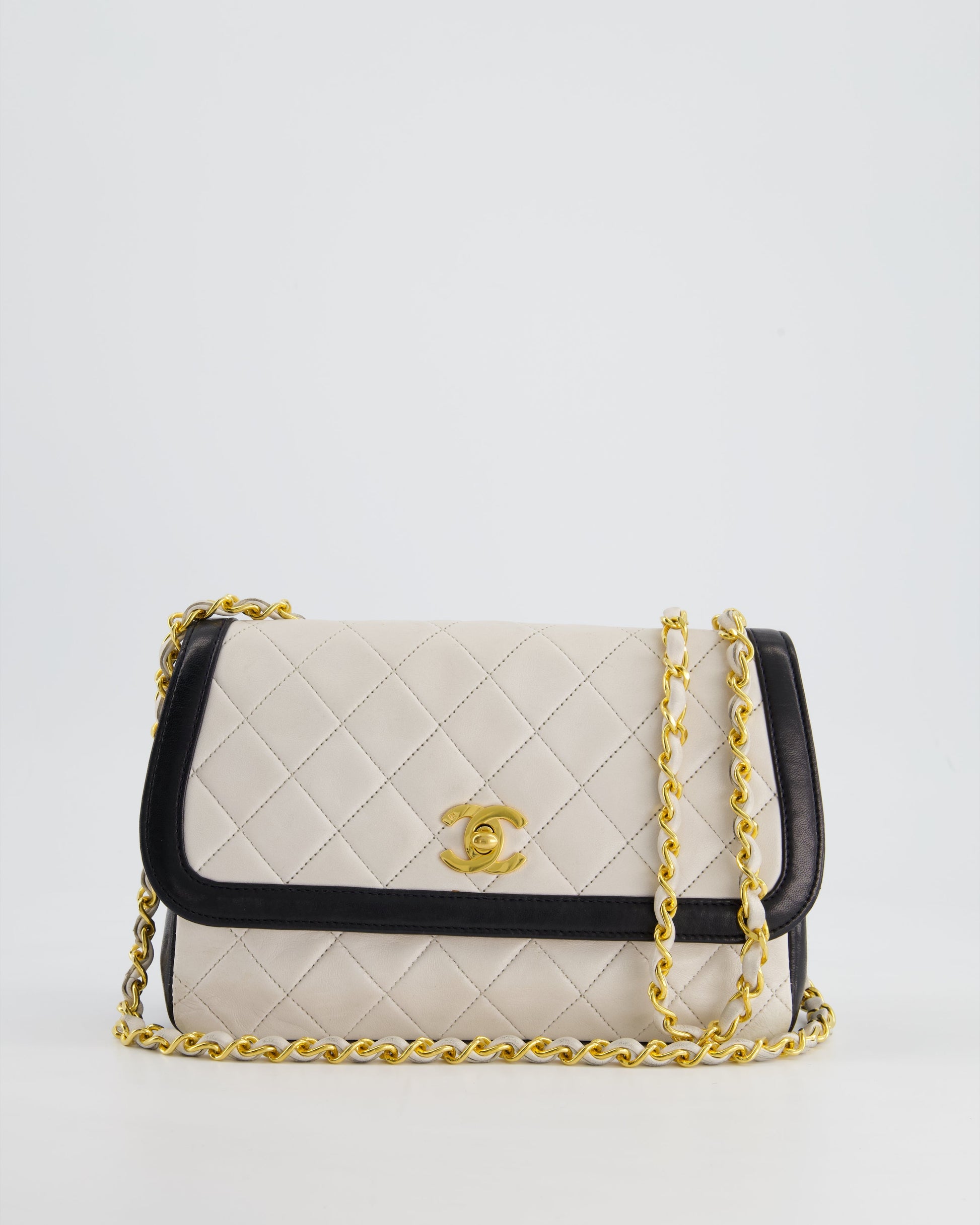 Chanel White, Black Trim Matelasse Cross-Body Handbag - Rovelle Bags