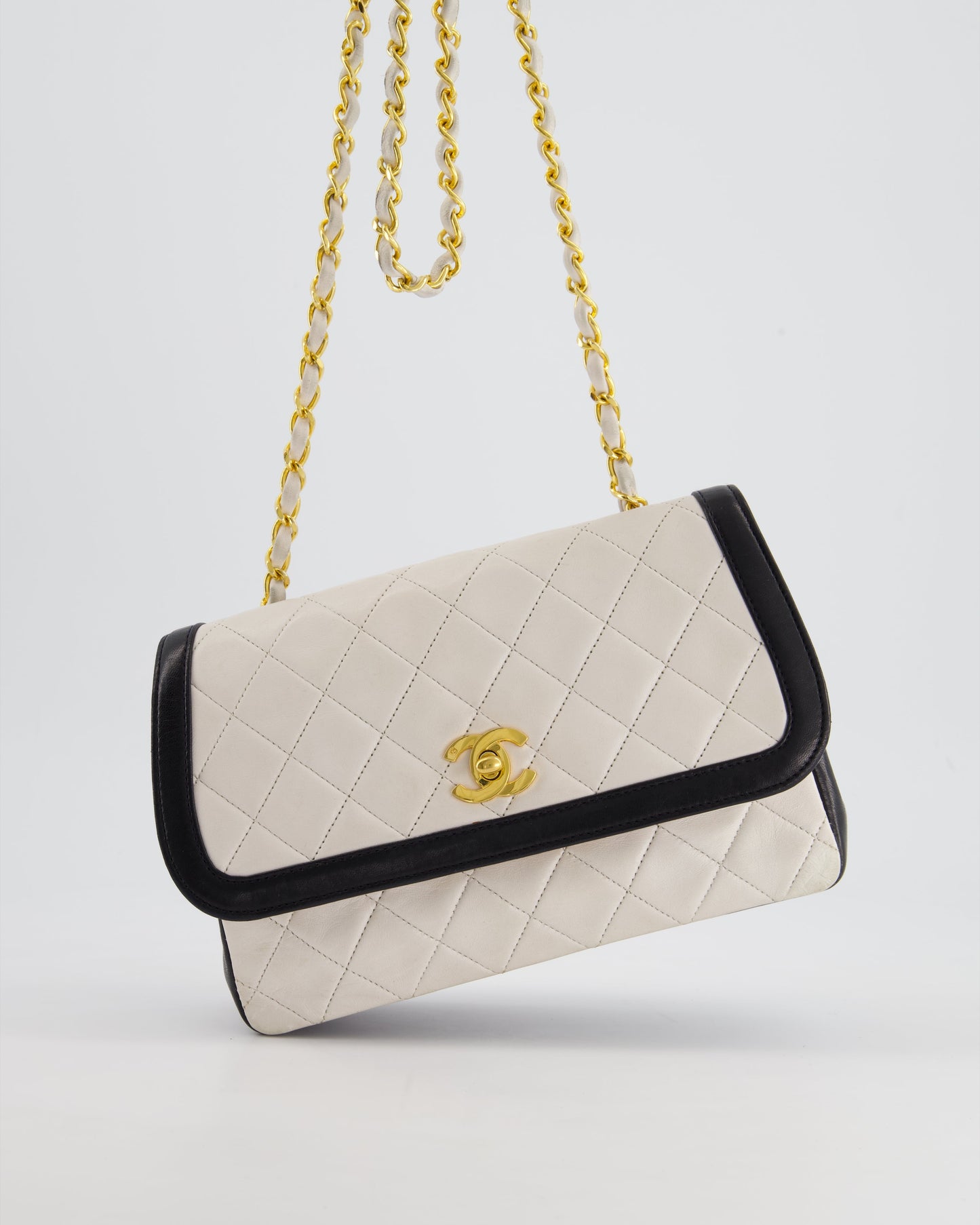 Chanel White, Black Trim Matelasse Cross-Body Handbag - Rovelle Bags