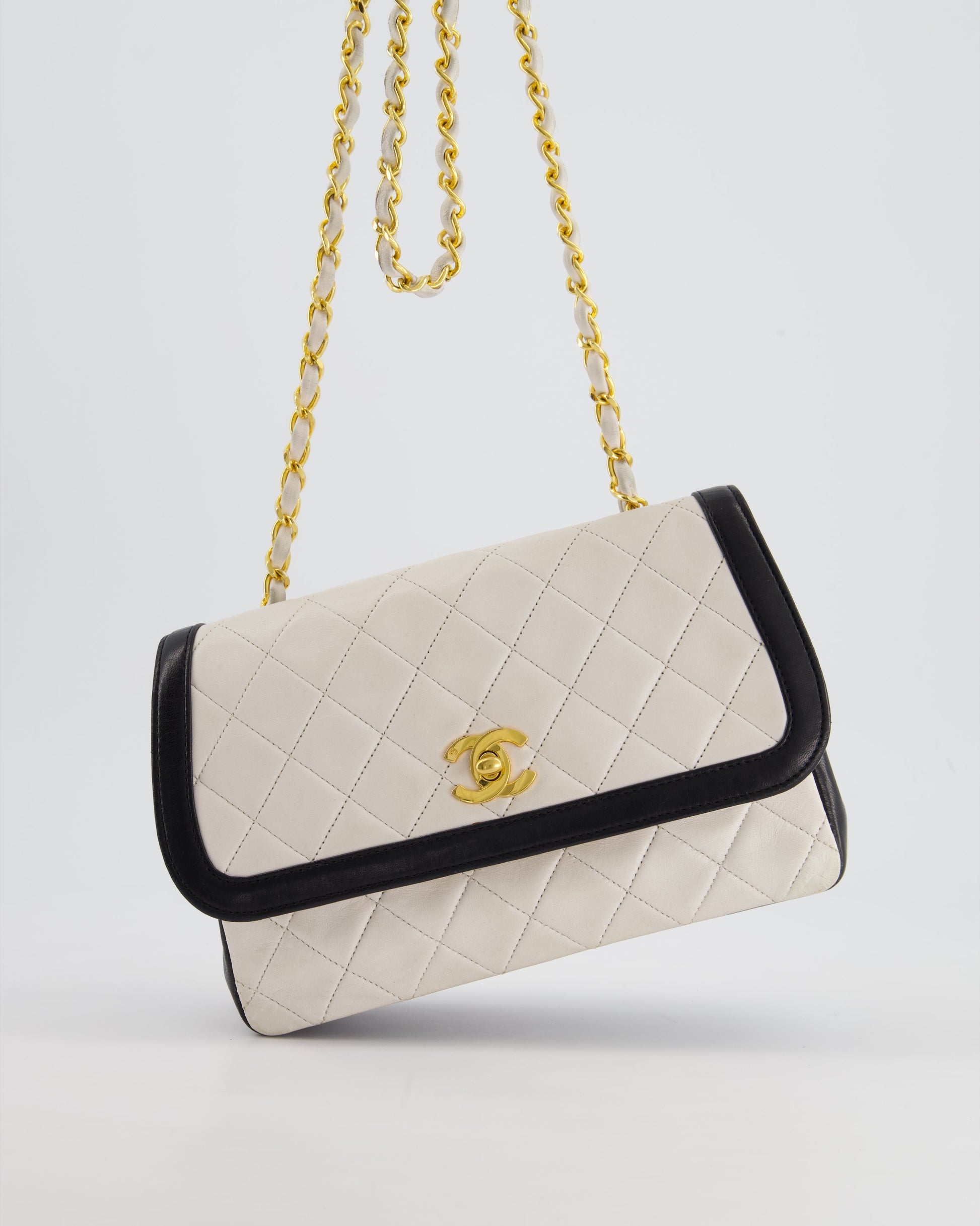 Chanel White, Black Trim Matelasse Cross-Body Handbag - Rovelle Bags