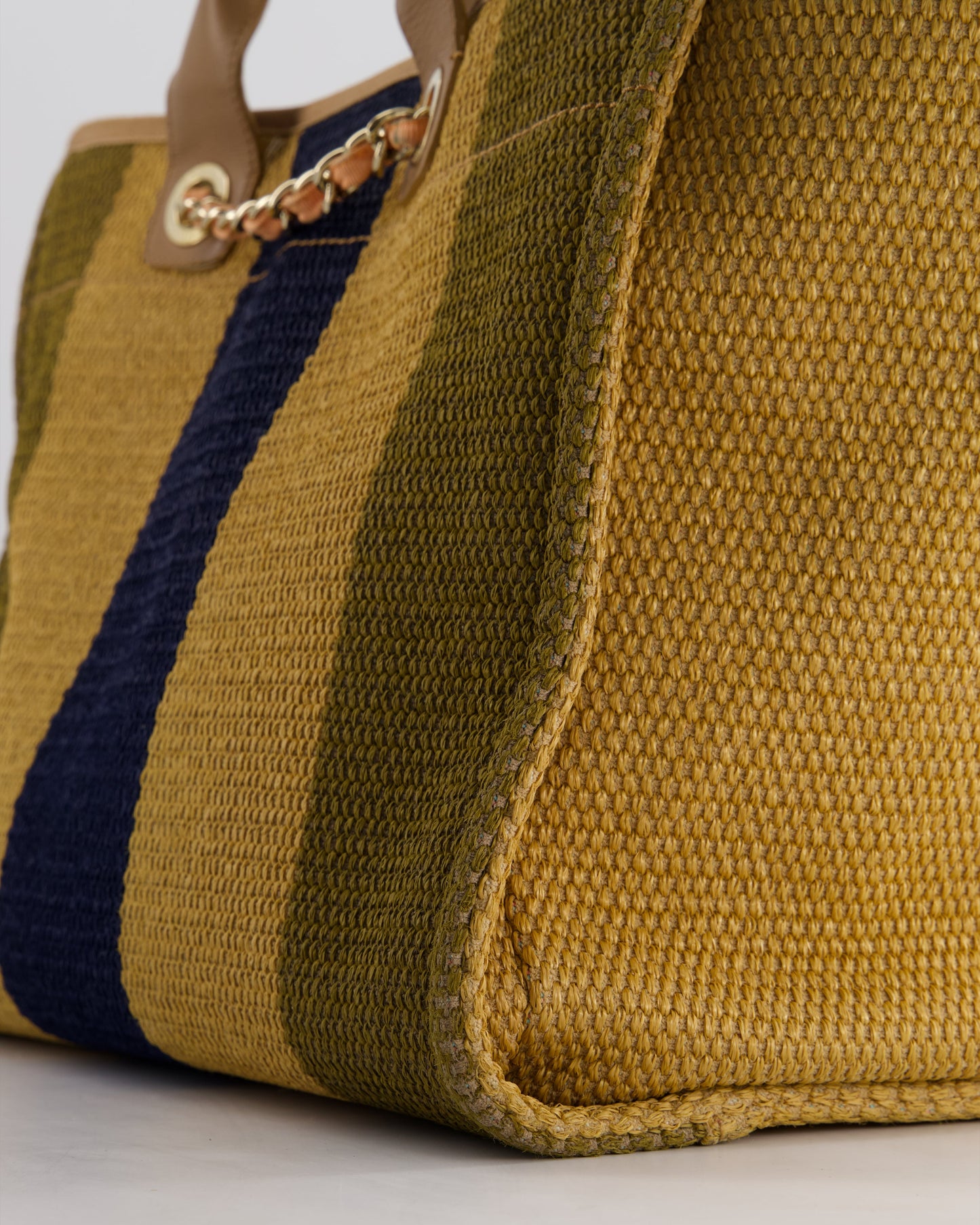 Chanel Beige, Navy and Khaki Raffia Deauville Tote with Pastel Logo and Champagne Gold Hardware