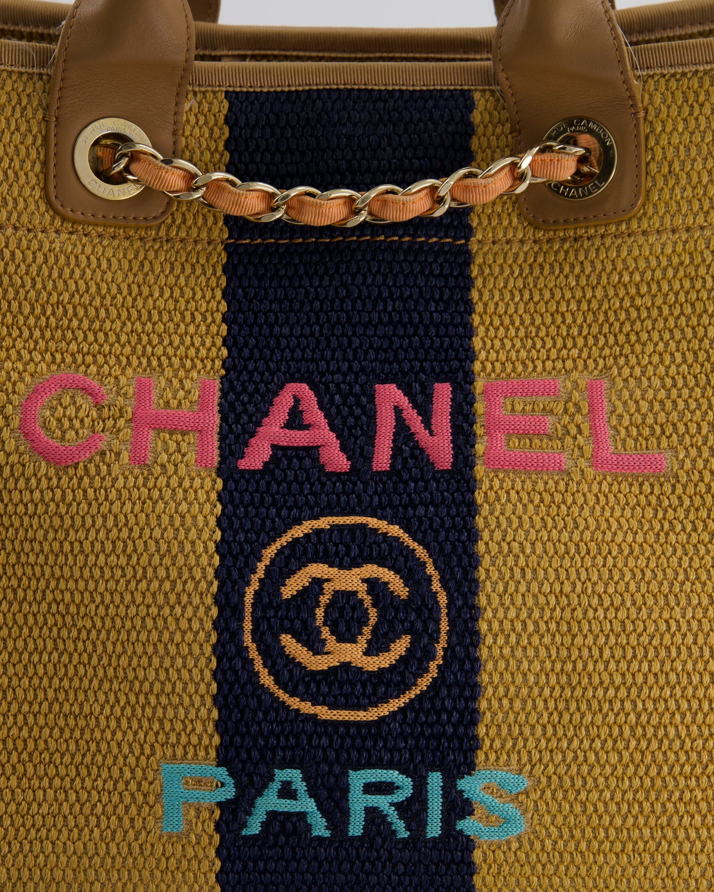 Chanel Beige, Navy and Khaki Raffia Deauville Tote with Pastel Logo and Champagne Gold Hardware