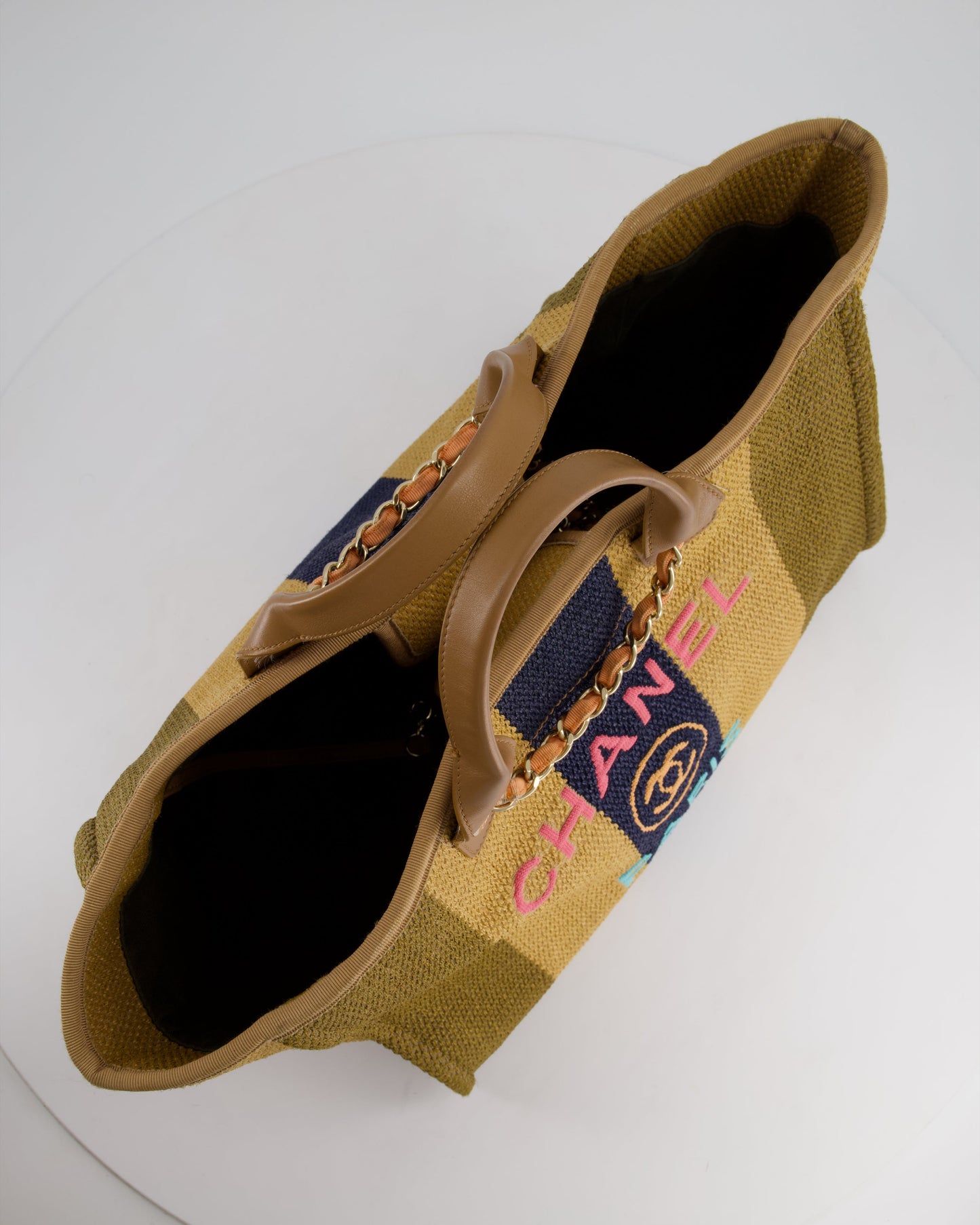 Chanel Beige, Navy and Khaki Raffia Deauville Tote with Pastel Logo and Champagne Gold Hardware