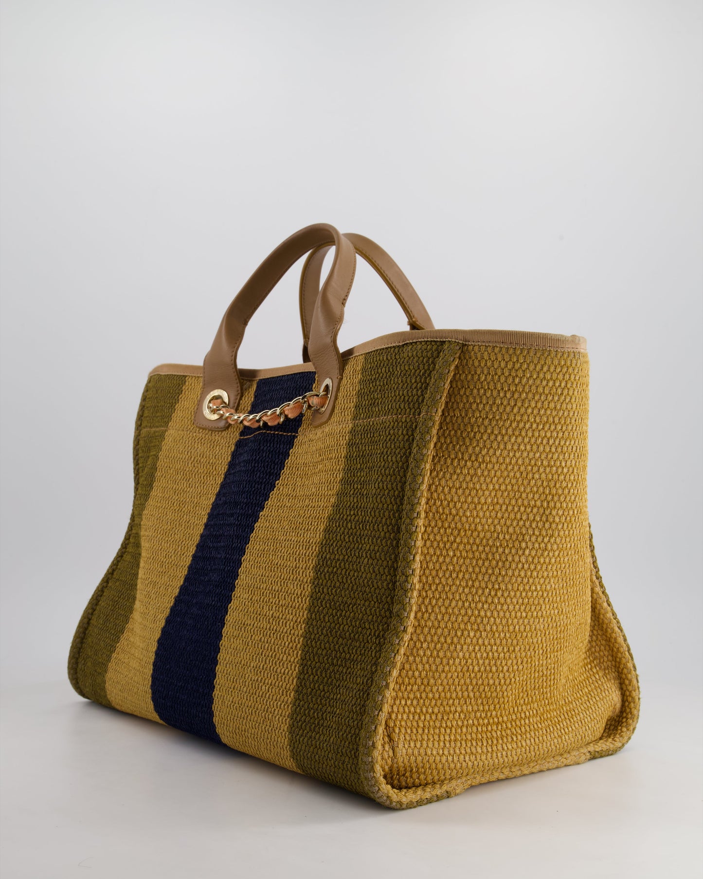 Chanel Beige, Navy and Khaki Raffia Deauville Tote with Pastel Logo and Champagne Gold Hardware