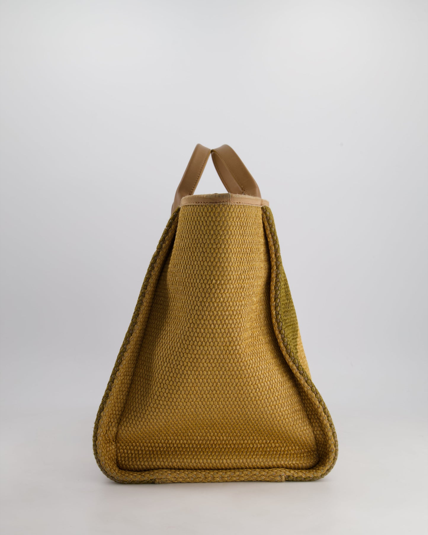 Chanel Beige, Navy and Khaki Raffia Deauville Tote with Pastel Logo and Champagne Gold Hardware