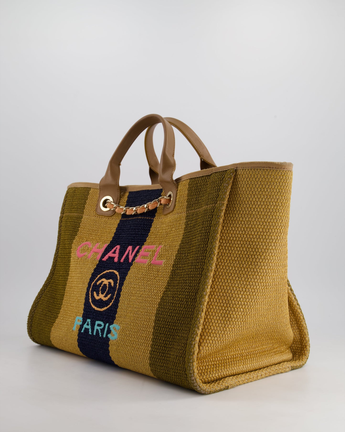 Chanel Beige, Navy and Khaki Raffia Deauville Tote with Pastel Logo and Champagne Gold Hardware