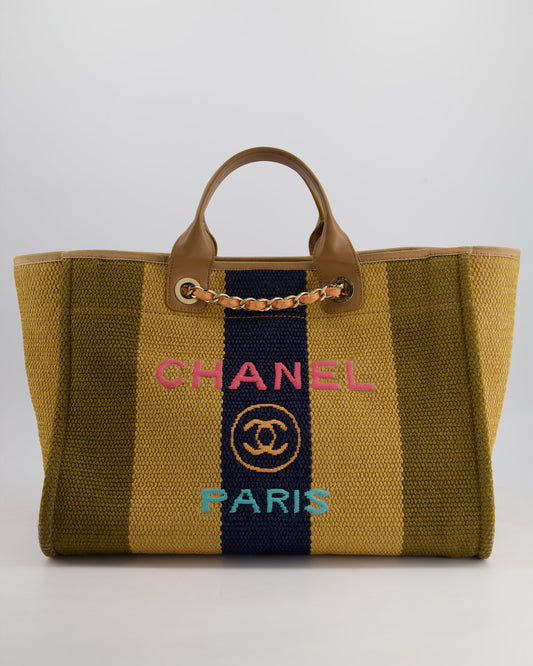 Chanel Beige, Navy and Khaki Raffia Deauville Tote with Pastel Logo and Champagne Gold Hardware