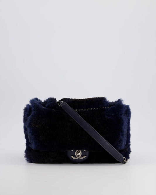 Chanel Navy Rabbit Fur Single Flap Bag with Silver Hardware