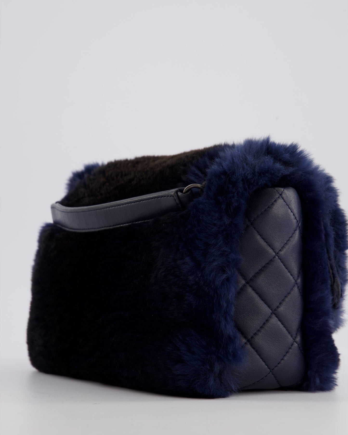 Chanel Navy Rabbit Fur Single Flap Bag with Silver Hardware