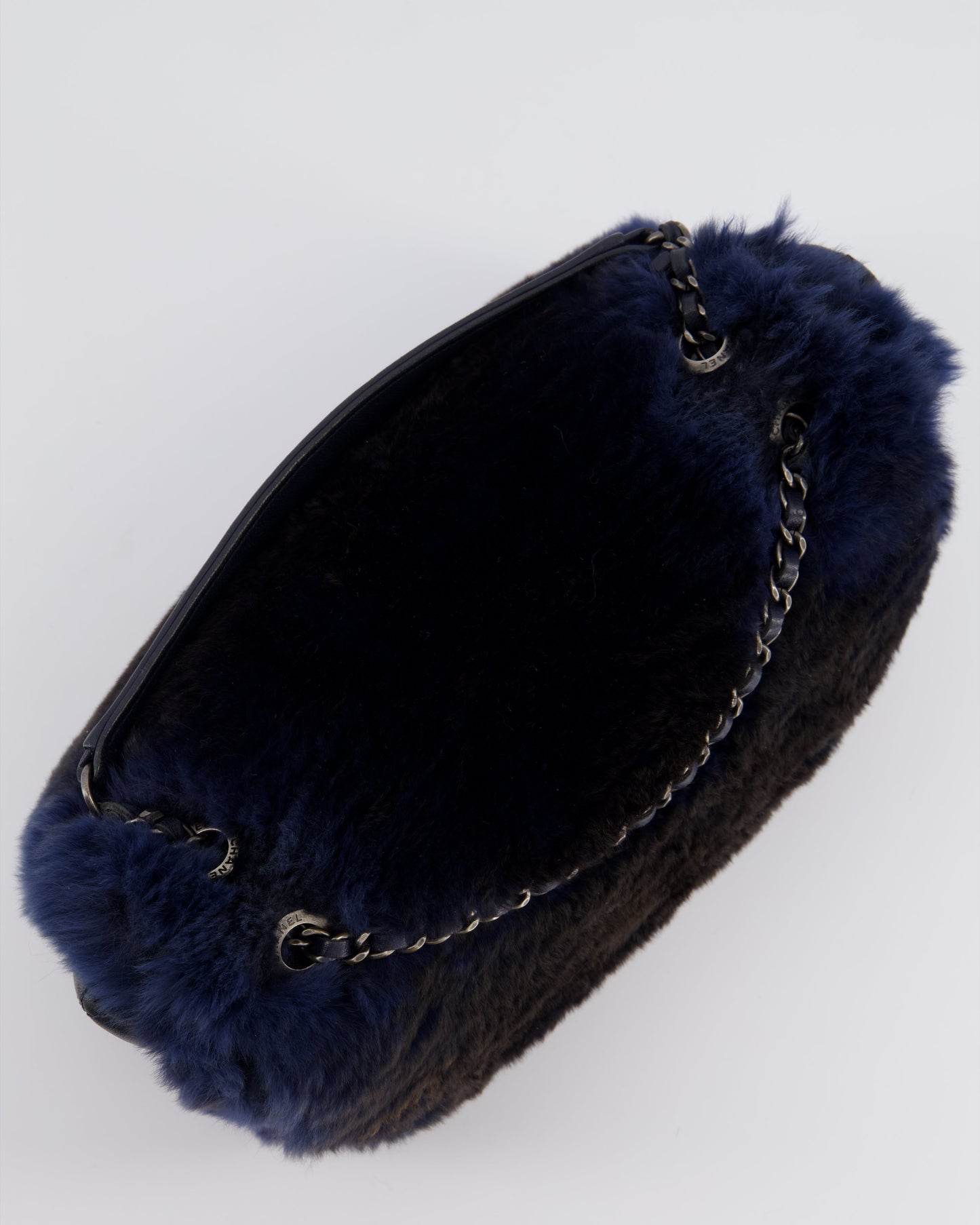 Chanel Navy Rabbit Fur Single Flap Bag with Silver Hardware