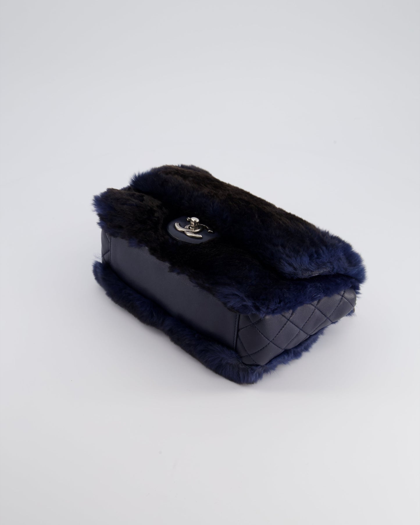 Chanel Navy Rabbit Fur Single Flap Bag with Silver Hardware
