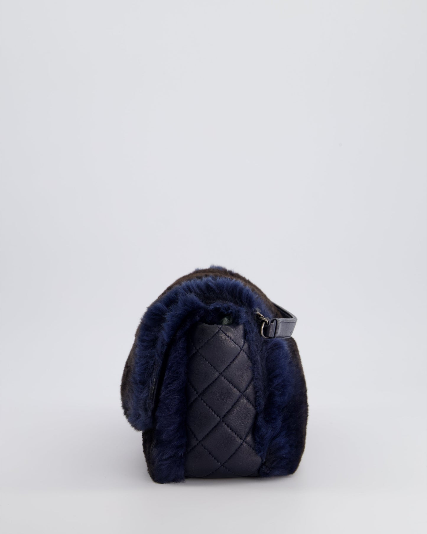 Chanel Navy Rabbit Fur Single Flap Bag with Silver Hardware