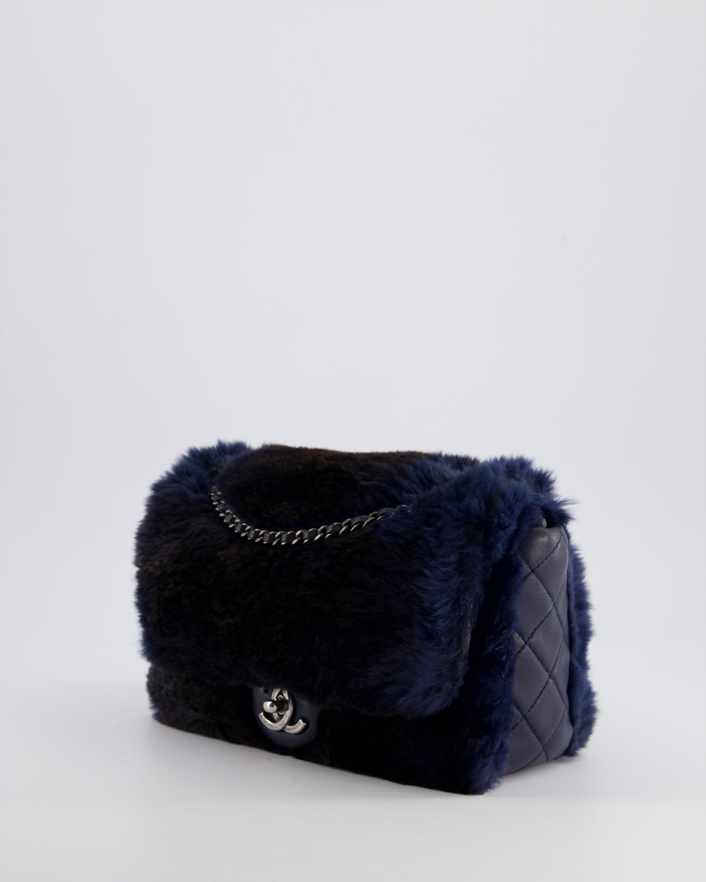 Chanel Navy Rabbit Fur Single Flap Bag with Silver Hardware
