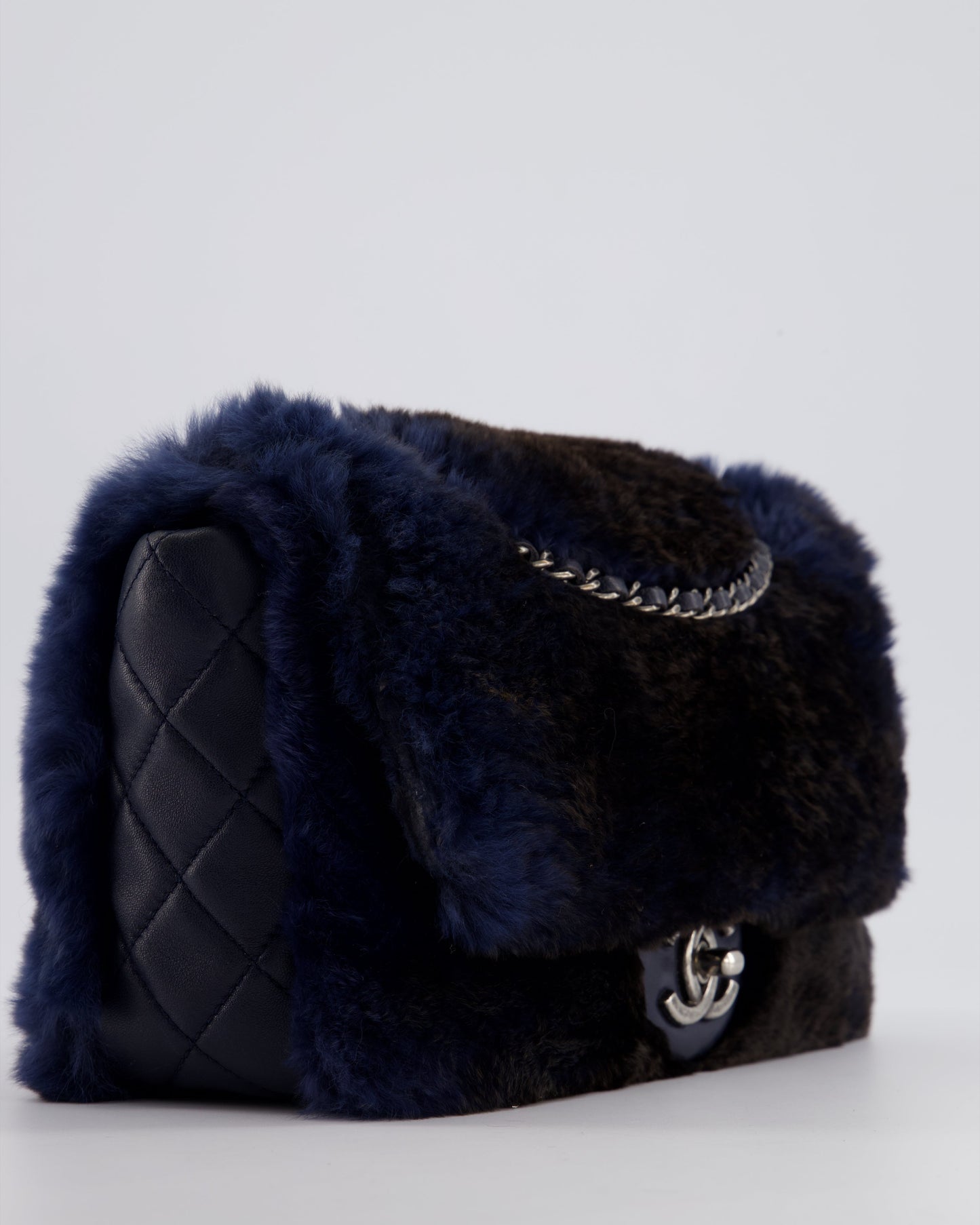 Chanel Navy Rabbit Fur Single Flap Bag with Silver Hardware