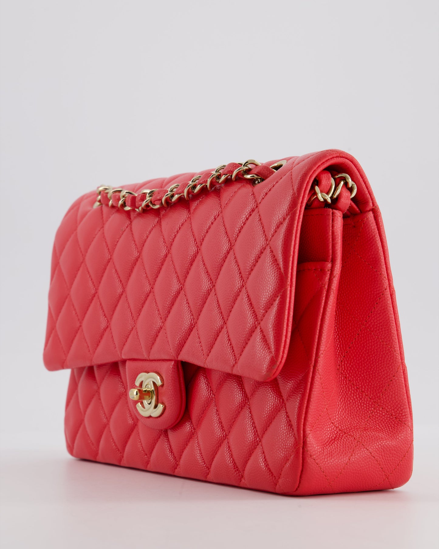 Chanel Iridescent Coral Red Classic Medium Double Flap Bag in Caviar Leather with Champagne Gold Hardware