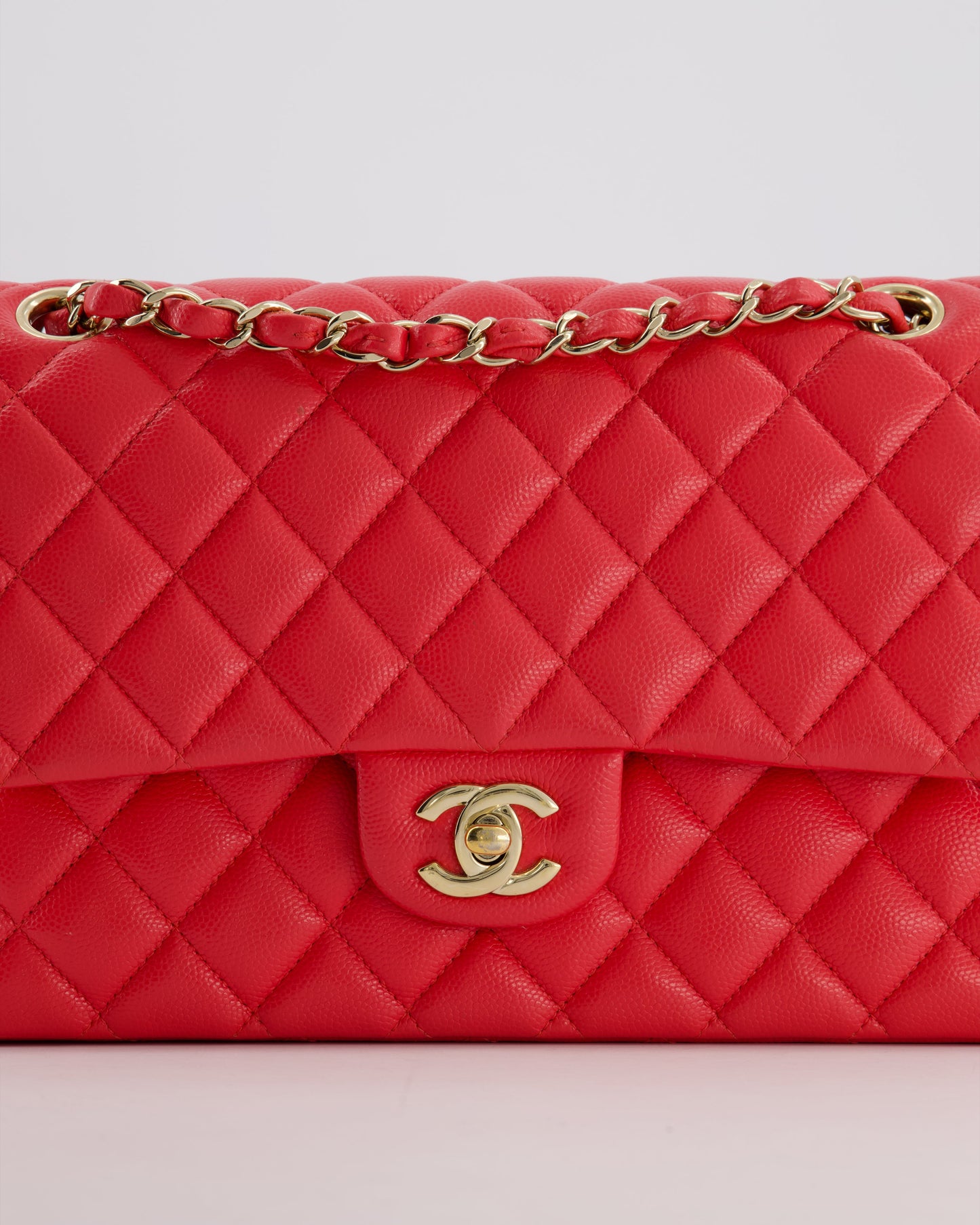 Chanel Iridescent Coral Red Classic Medium Double Flap Bag in Caviar Leather with Champagne Gold Hardware