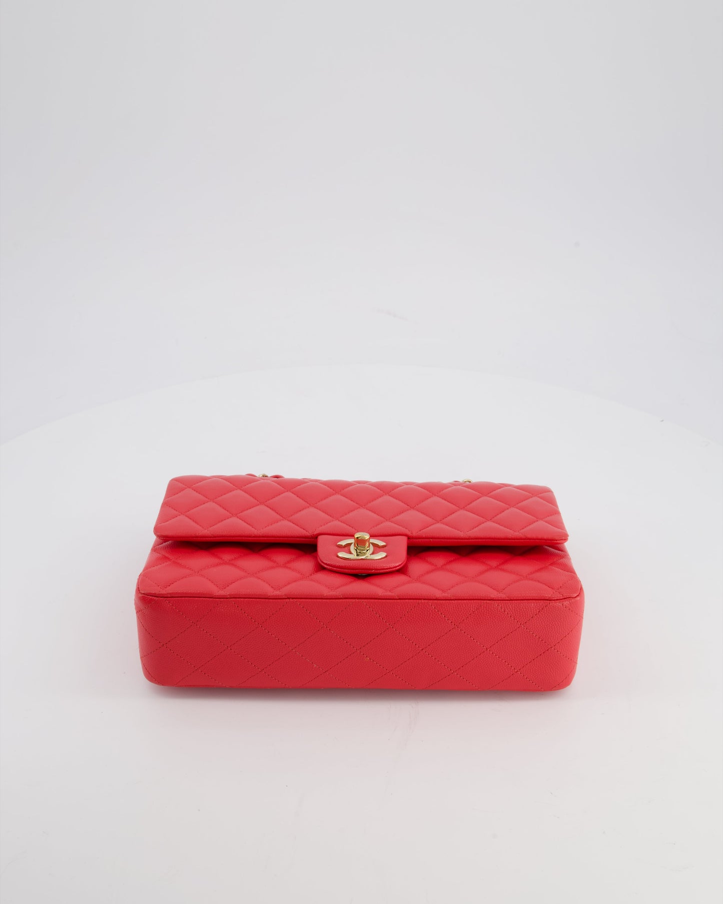 Chanel Iridescent Coral Red Classic Medium Double Flap Bag in Caviar Leather with Champagne Gold Hardware