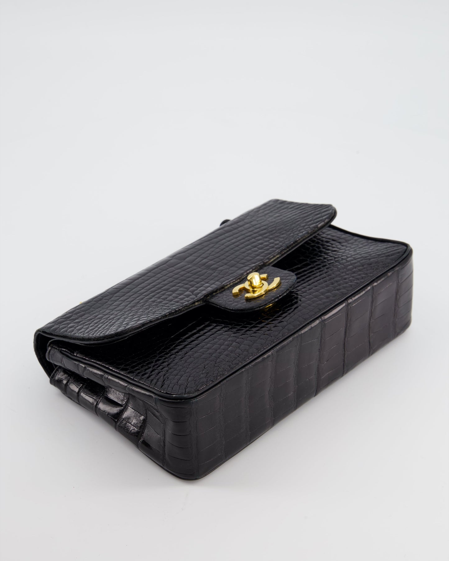 Chanel Black Classic Flap Bag in Shiny Crocodile Leather with 24K Gold Hardware