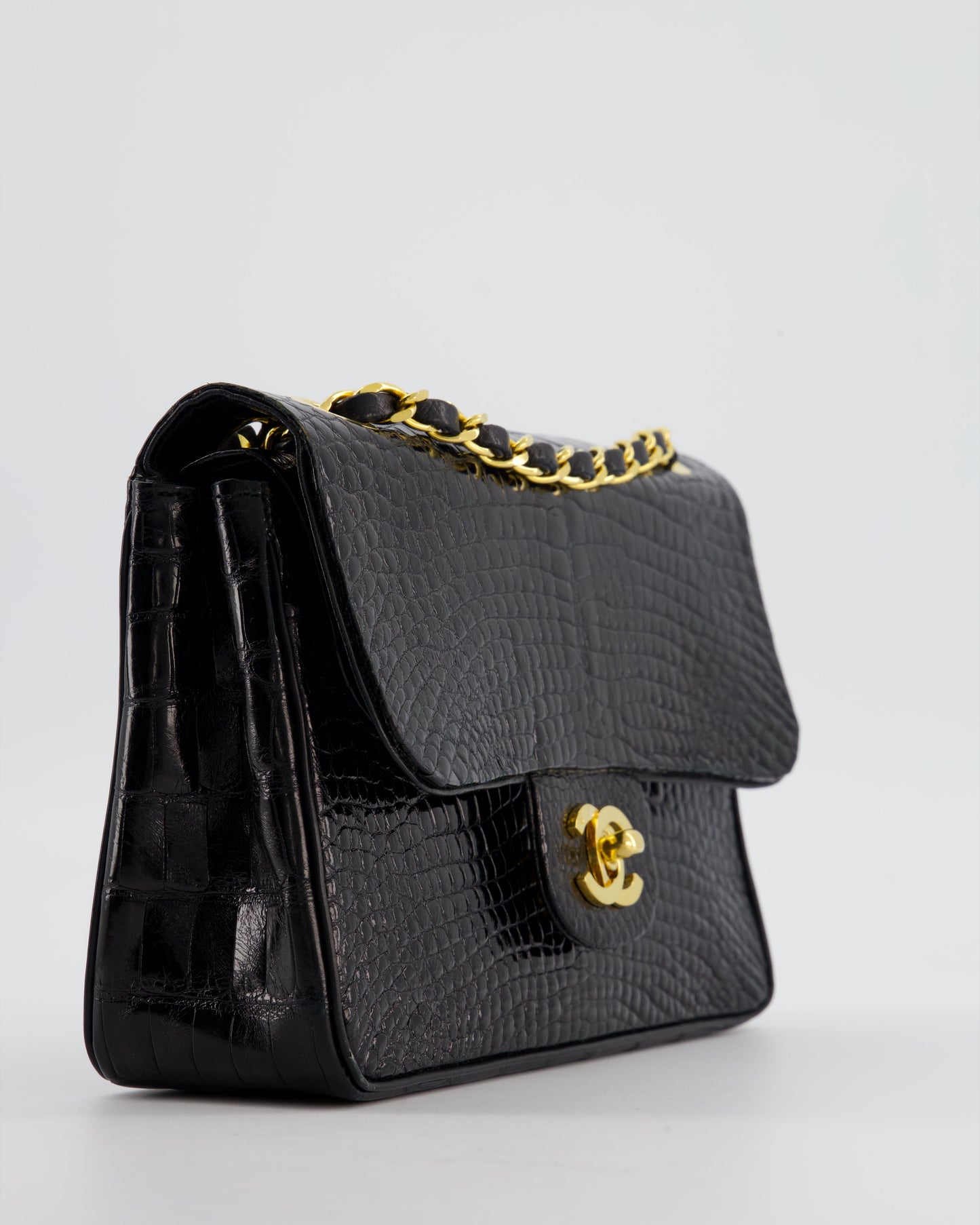 Chanel Black Classic Flap Bag in Shiny Crocodile Leather with 24K Gold Hardware