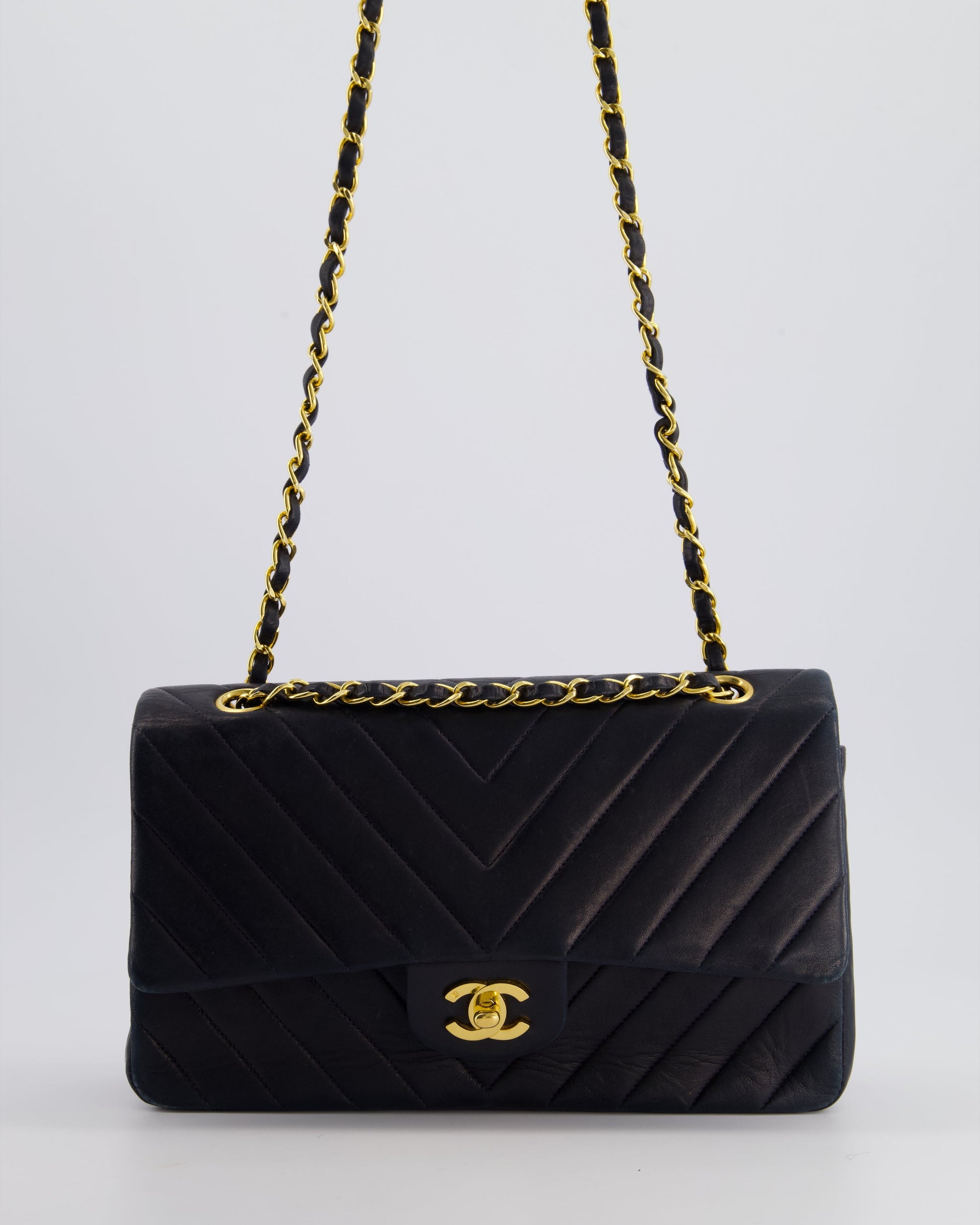 Chanel Navy Classic Medium Chevron Double Flap Bag - Rovelle Bags