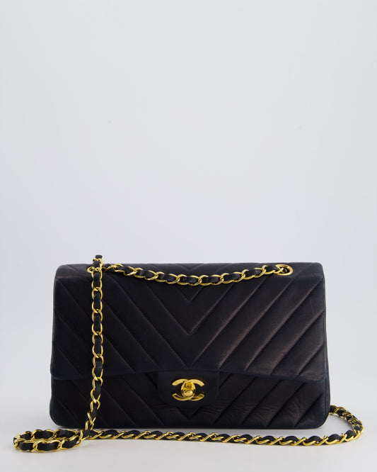 Chanel Navy Classic Medium Chevron Double Flap Bag - Rovelle Bags