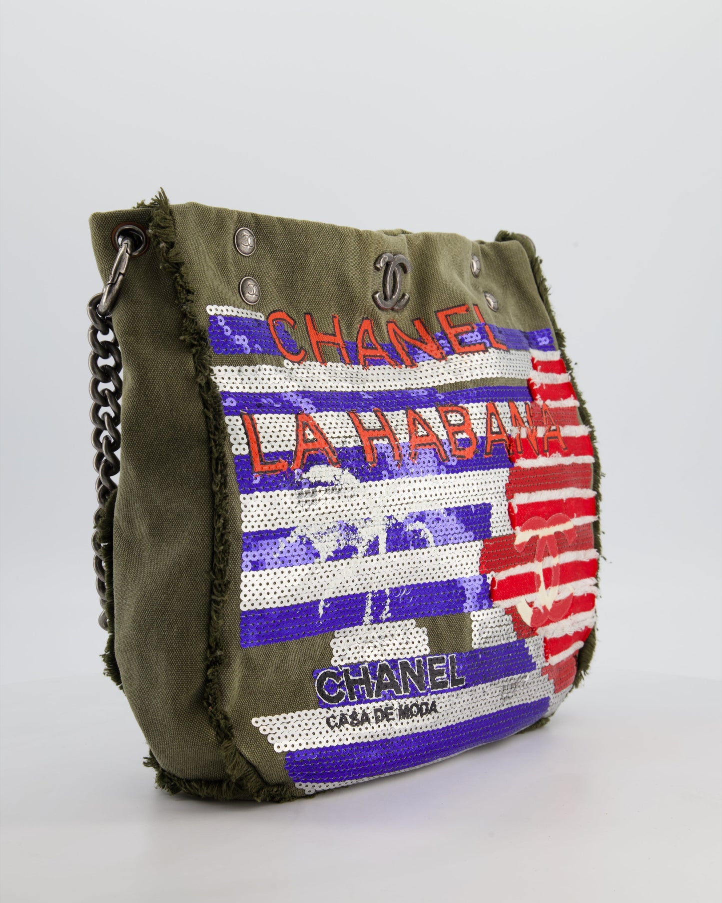 Chanel Khaki Canvas La Habana Casa Tote Bag - Rovelle Bags