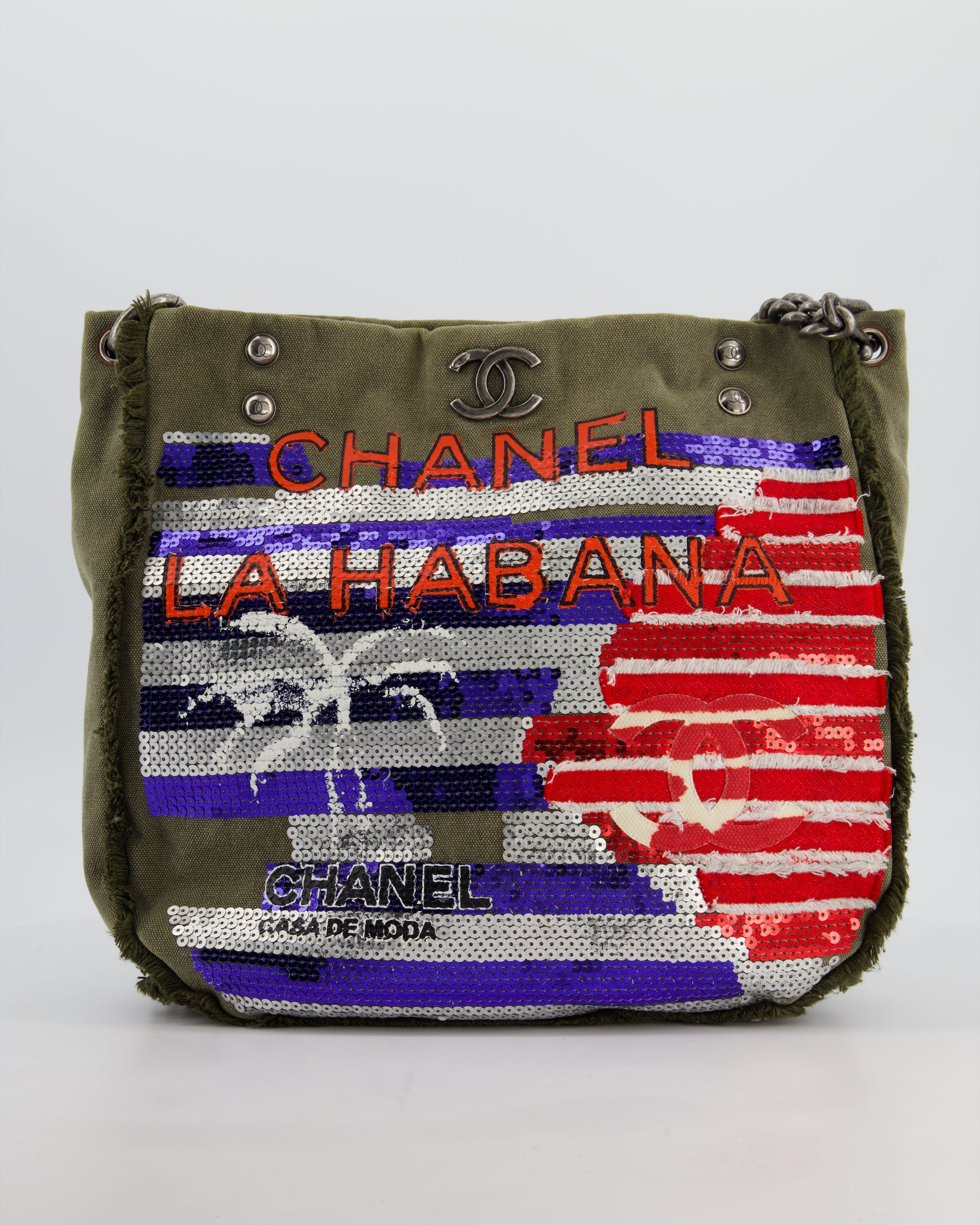 Chanel Khaki Canvas La Habana Casa Tote Bag - Rovelle Bags