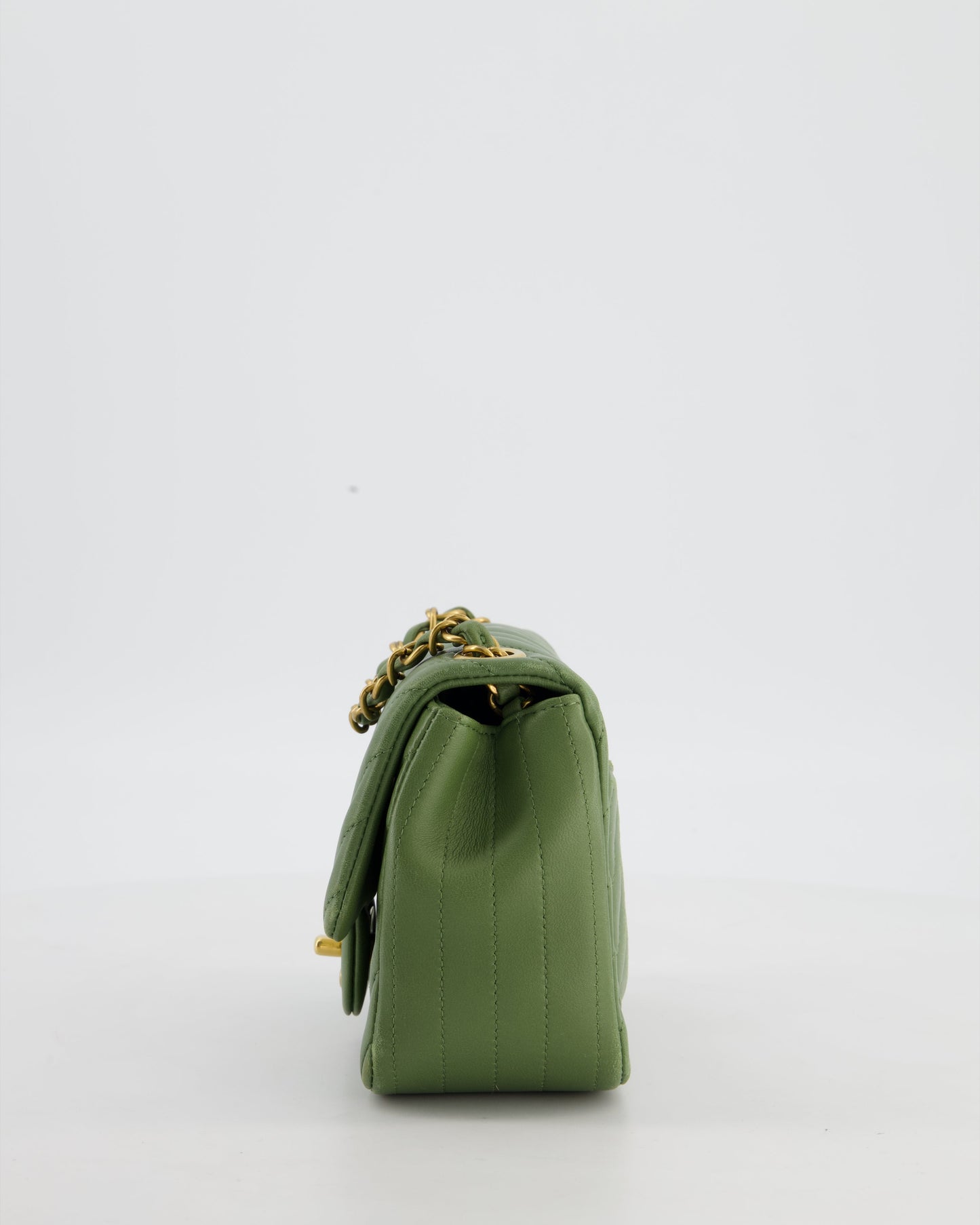Chanel Olive Green Chevron Lambskin Leather Mini Square Classic Flap Bag with Gold Hardware