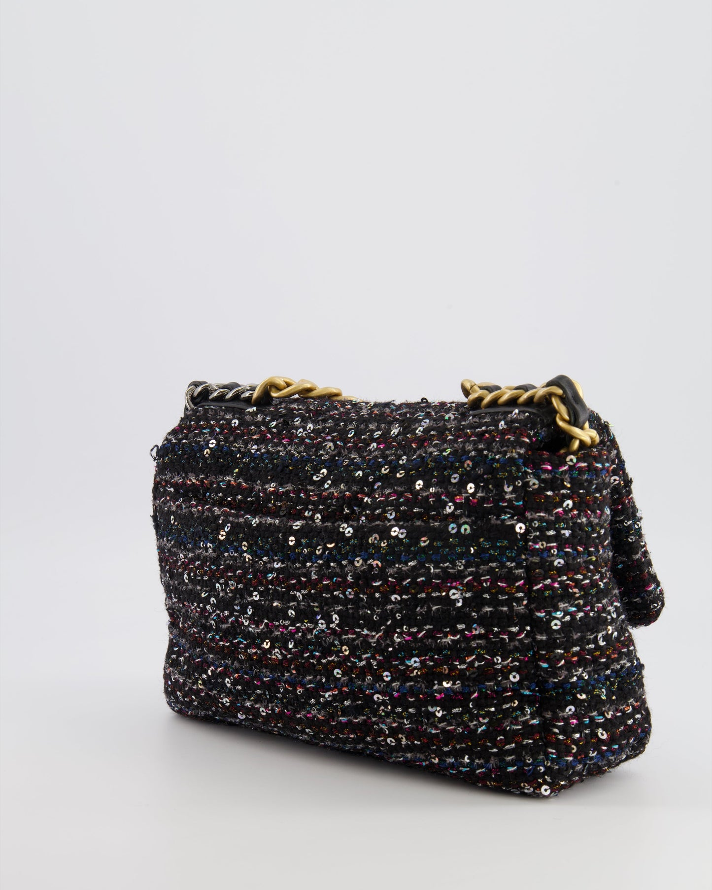 Chanel Small 19 Flap Bag in Black Tweed and Multicolour Sequins with Mixed Hardware