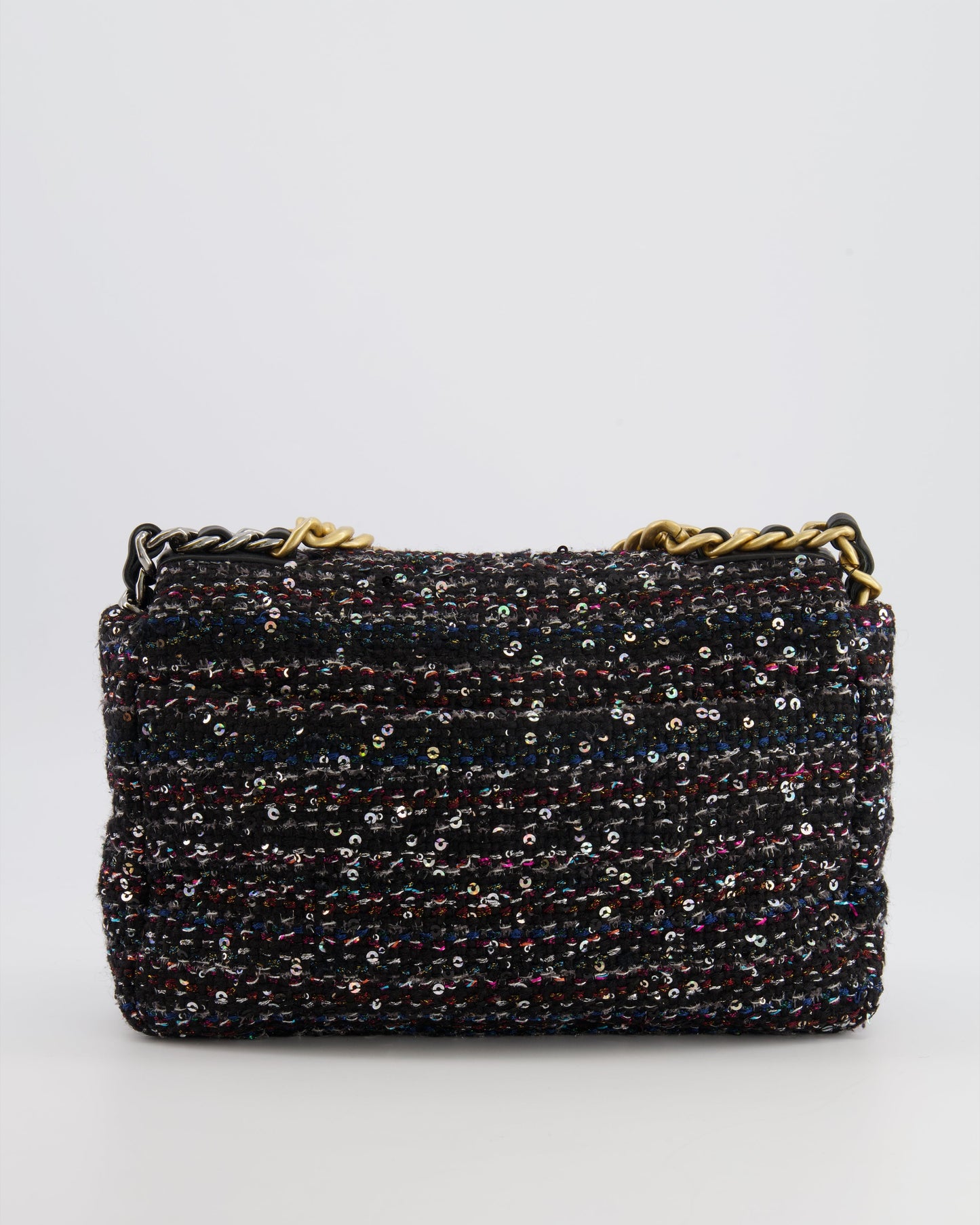 Chanel Small 19 Flap Bag in Black Tweed and Multicolour Sequins with Mixed Hardware
