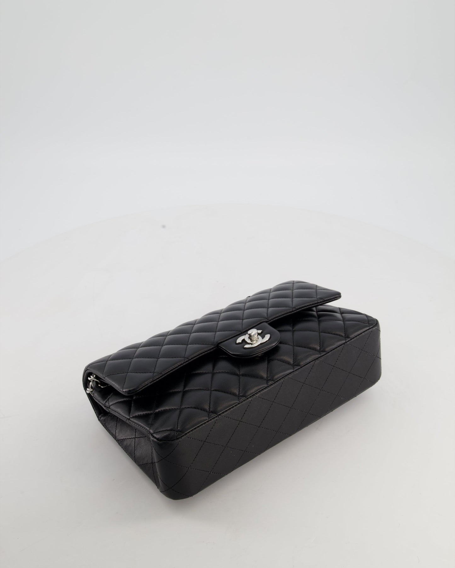 Chanel Black Medium Classic Double Flap Bag in Lambskin Leather with Silver Hardware