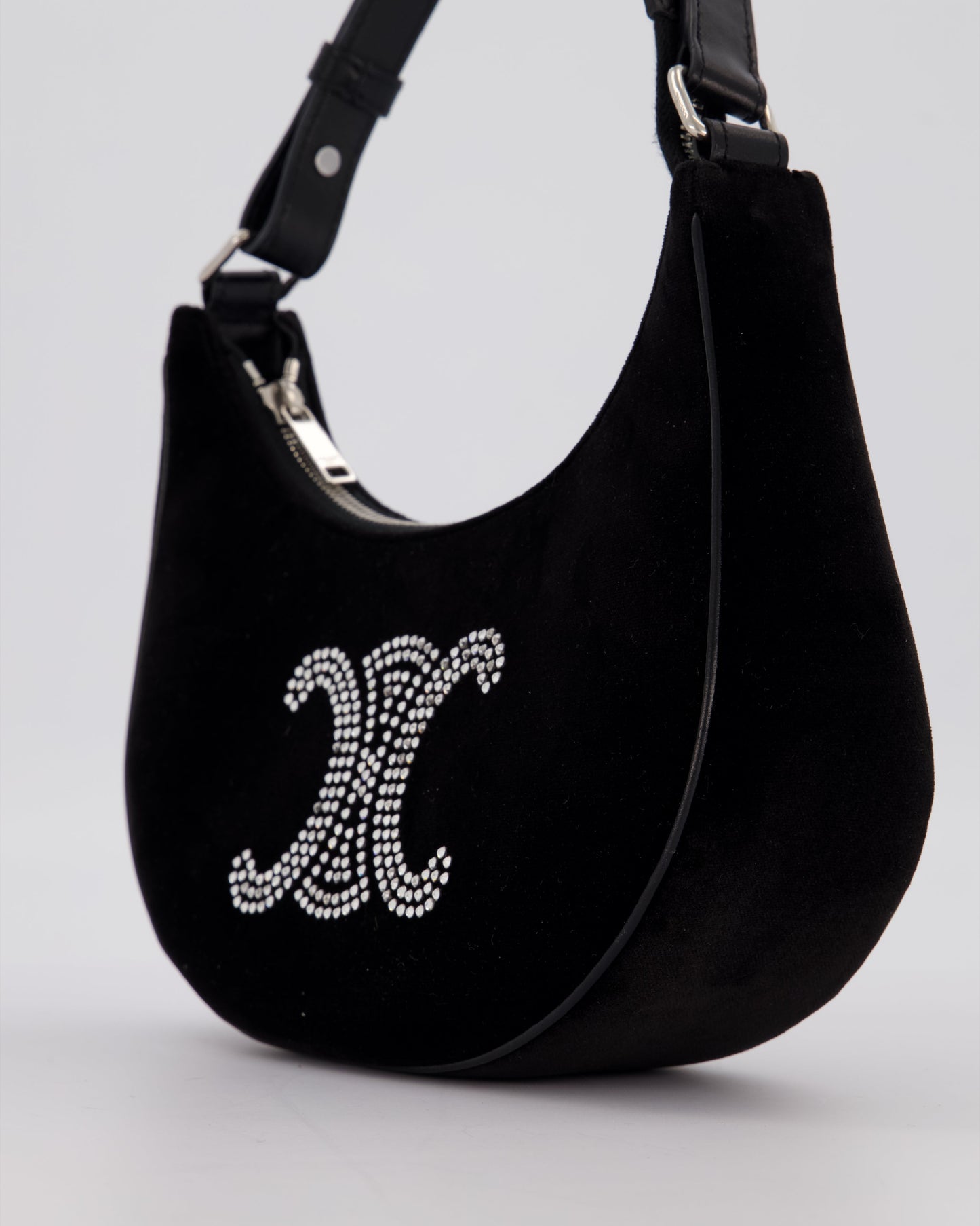 Celine Black Ava Triophe Shoulder Bag in Velvet with Crystal Details