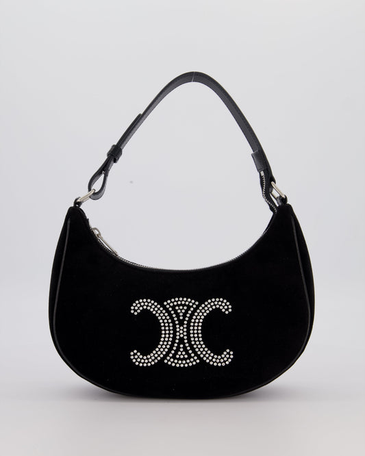Celine Black Ava Triophe Shoulder Bag in Velvet with Crystal Details