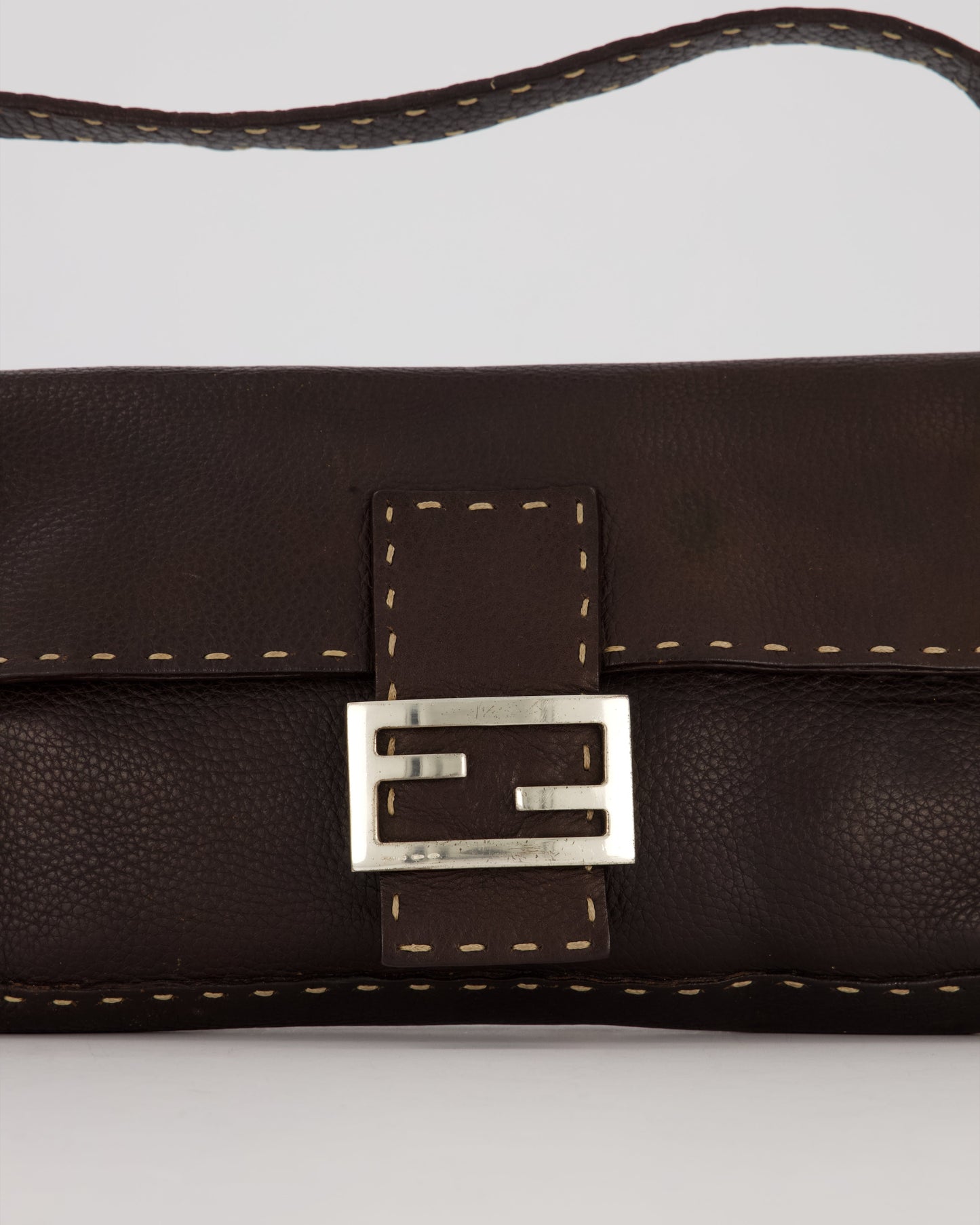 Fendi Selleria Brown Stitched Edge Baguette Bag in Cuoio Romano Leather with Silver Hardware