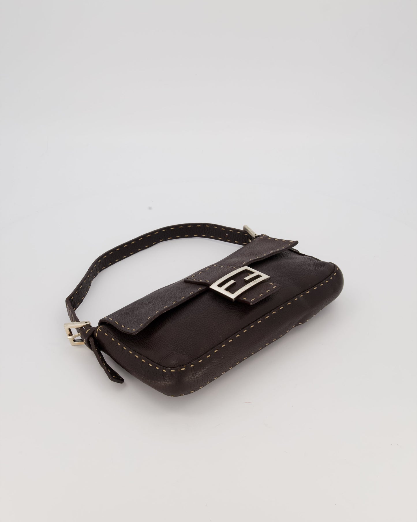 Fendi Selleria Brown Stitched Edge Baguette Bag in Cuoio Romano Leather with Silver Hardware