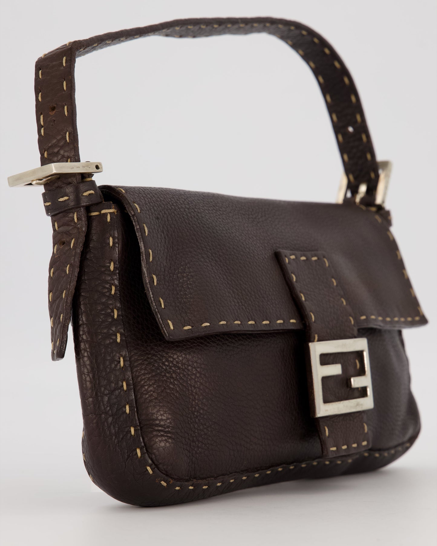 Fendi Selleria Brown Stitched Edge Baguette Bag in Cuoio Romano Leather with Silver Hardware