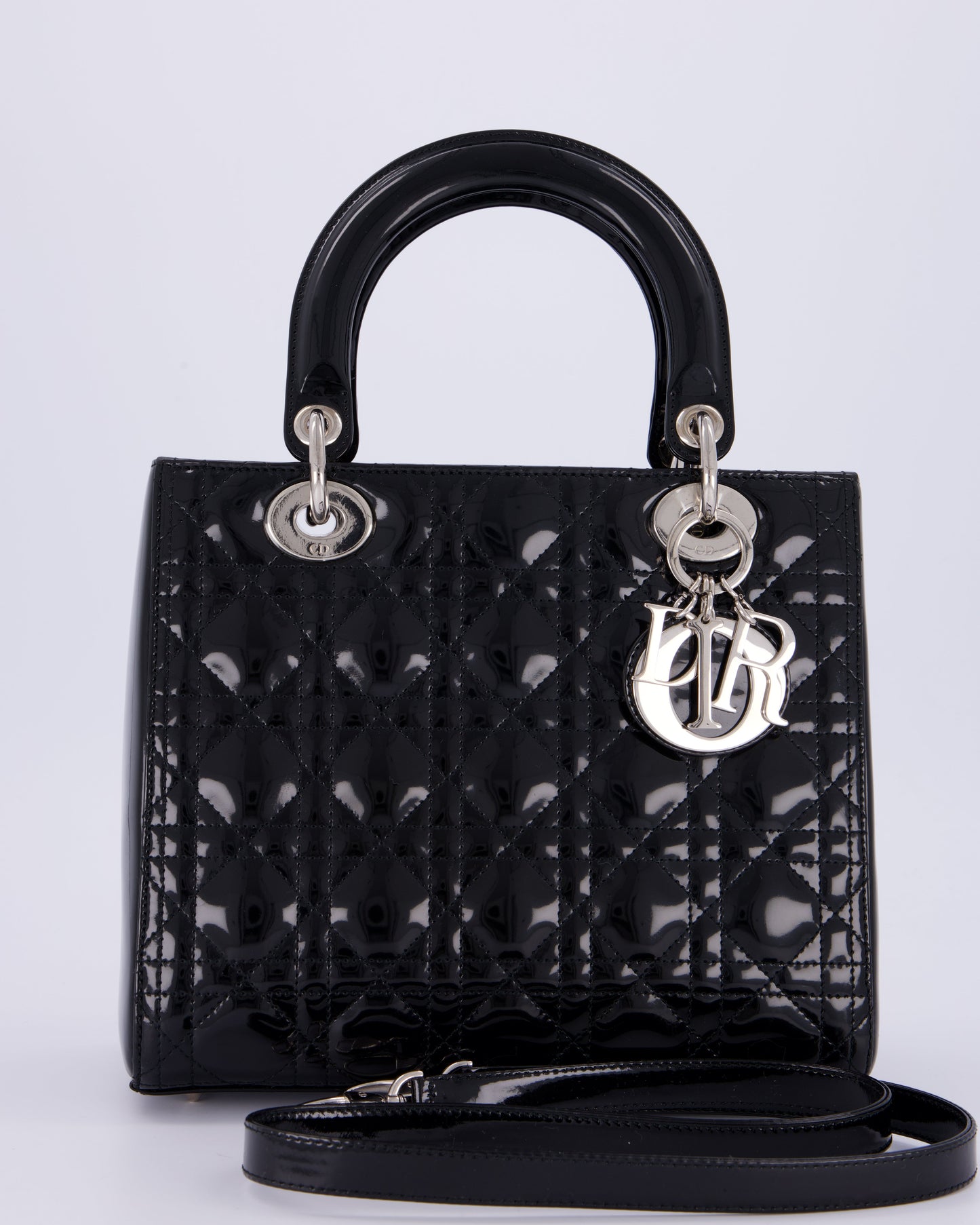 Christian Dior Black Patent Medium Lady Dior Bag with Silver Hardware