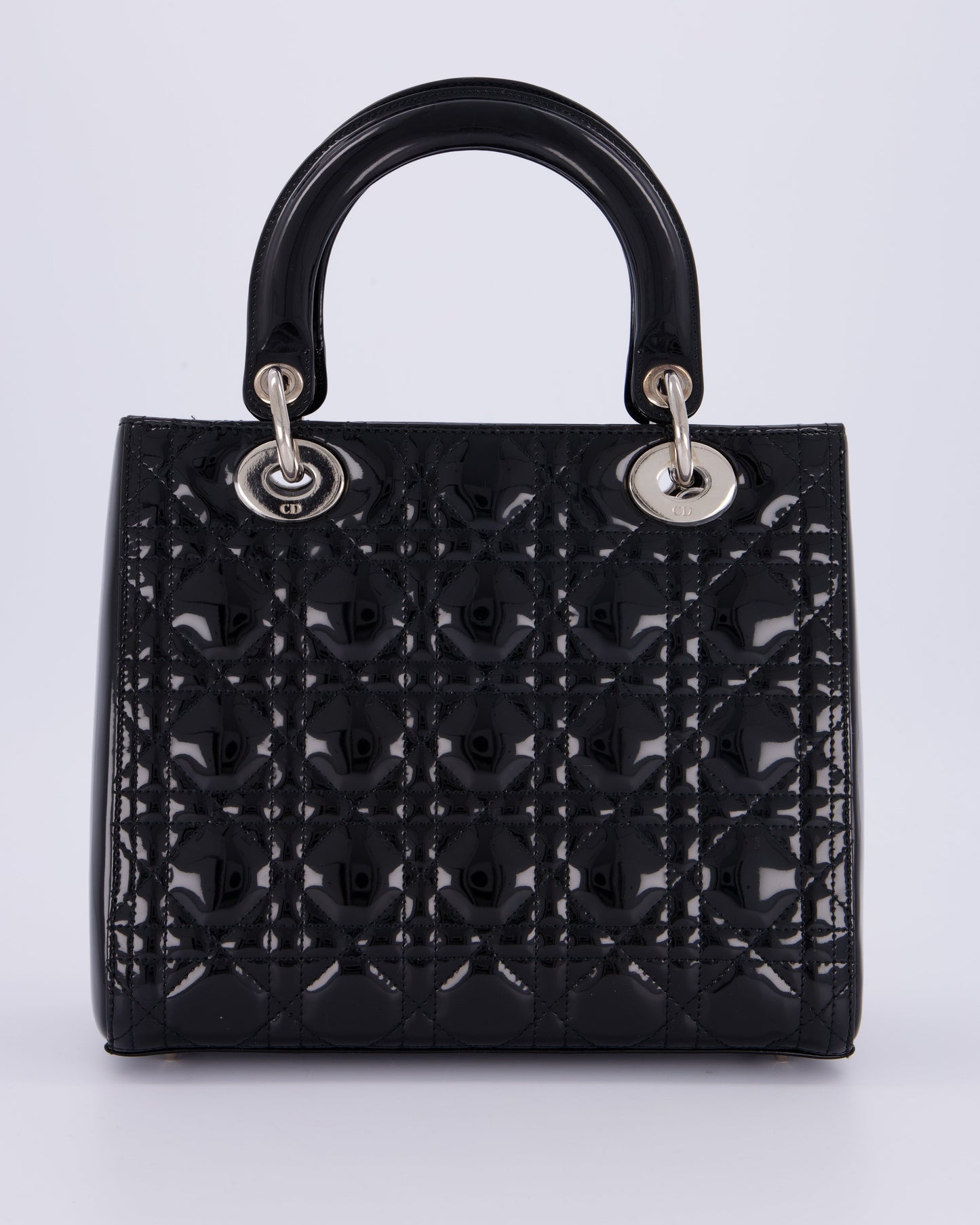 Christian Dior Black Patent Medium Lady Dior Bag with Silver Hardware